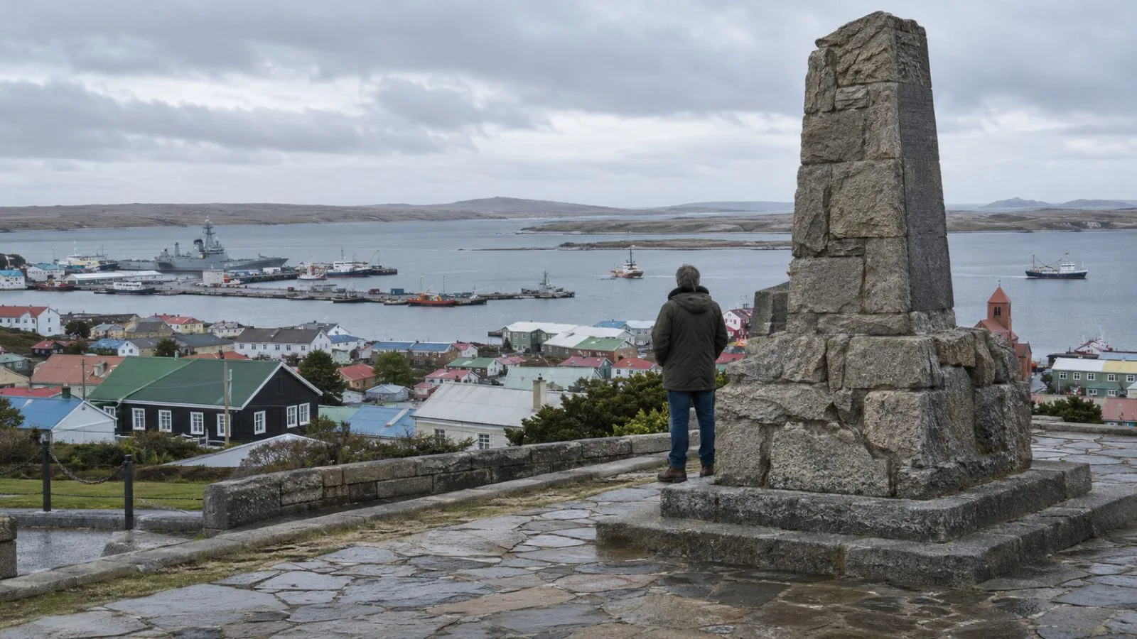 A visitor stands beside the 1982 memorial in Stanley, Falkland Islands, under an overcast sky. (AI-generated image / EconoTimes)