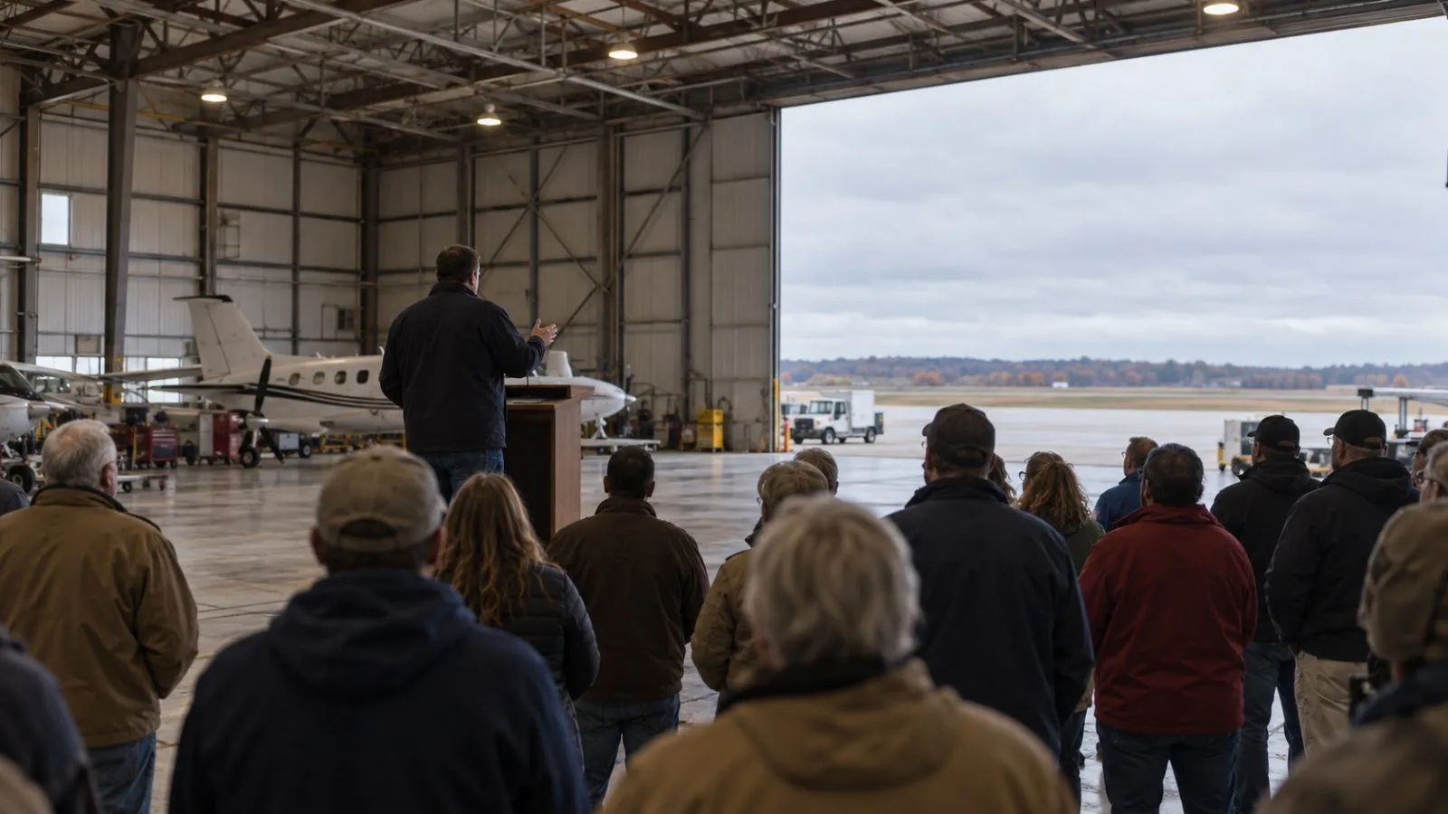 Rallygoers watch a speaker inside the Sioux Gateway Airport hangar in Sioux City, Iowa (AI-generated image / EconoTimes)