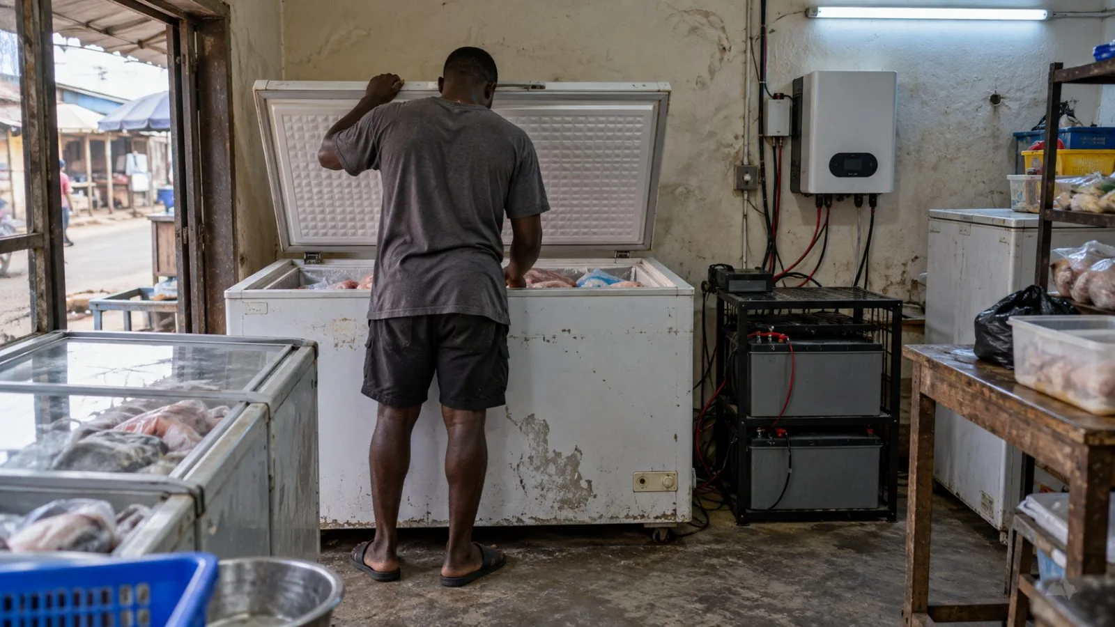 A chest freezer and solar inverter stand inside a small food shop in Ojo, Lagos, Nigeria. (AI-generated image / EconoTimes)