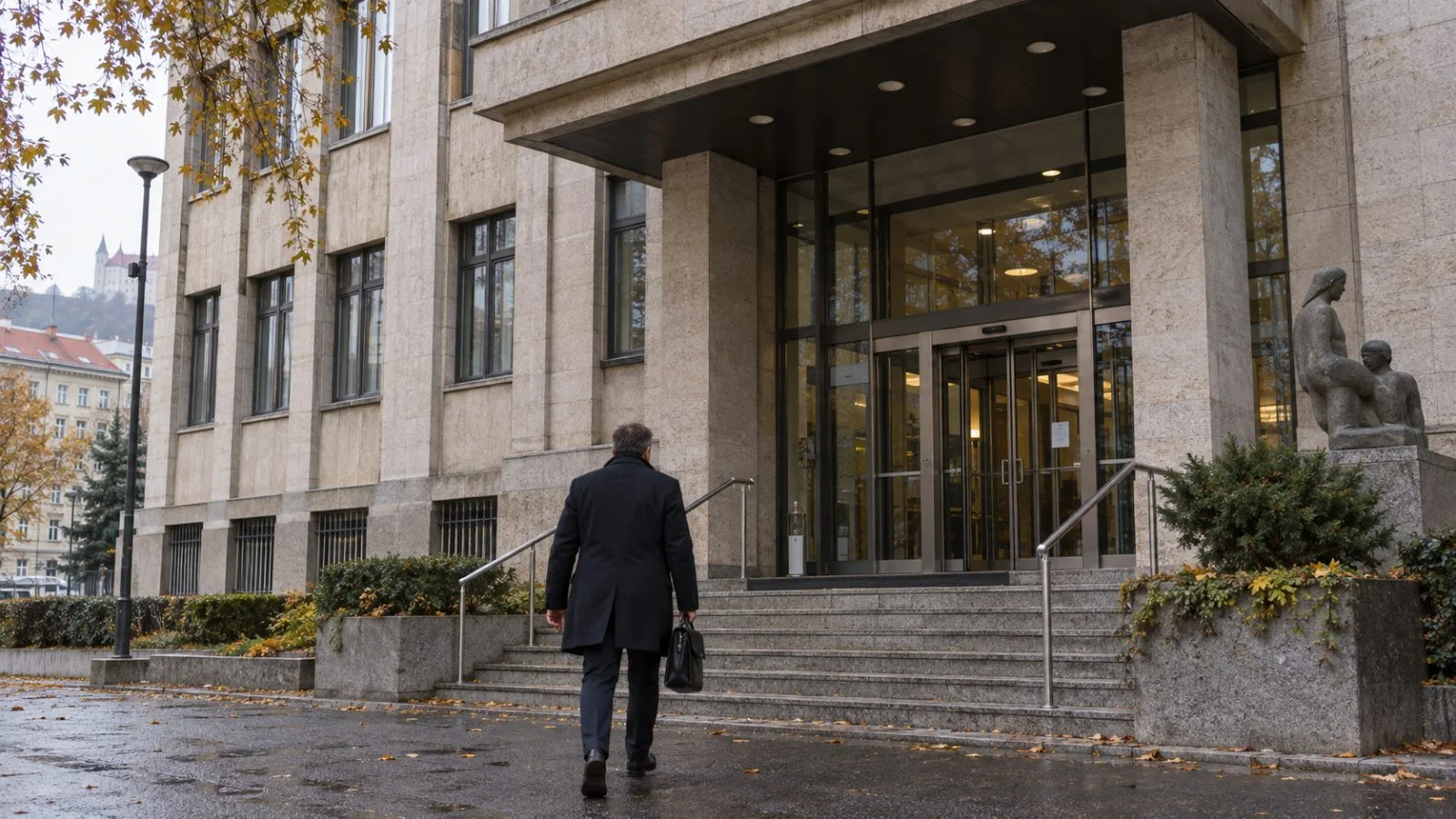 A pedestrian approaches the Slovak prosecutor's office in Bratislava on an overcast autumn afternoon. (AI-generated image / EconoTimes)