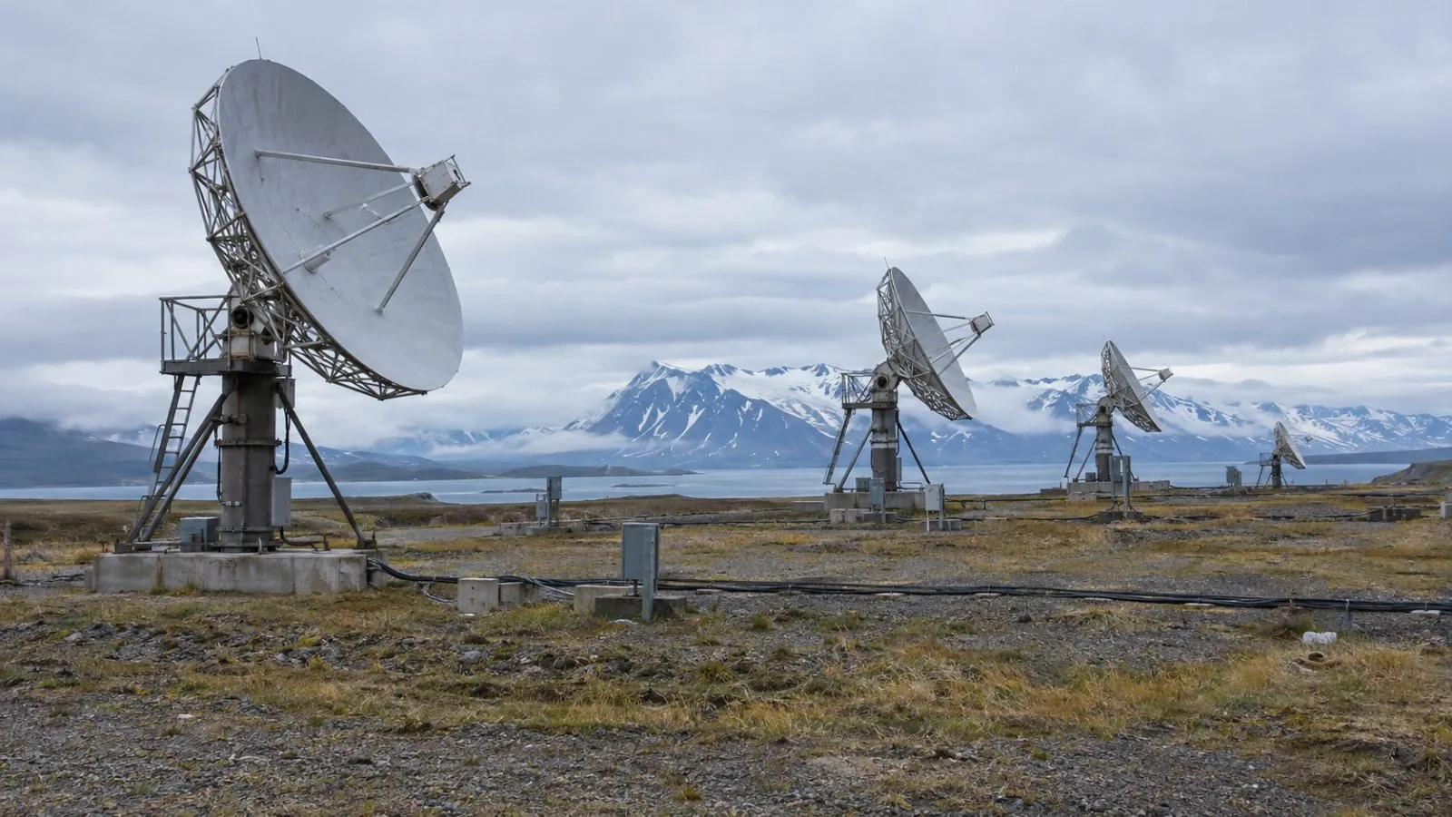 Radar receiving elements stand in Cold Bay, Alaska, beneath an overcast sky. (AI-generated image / EconoTimes)