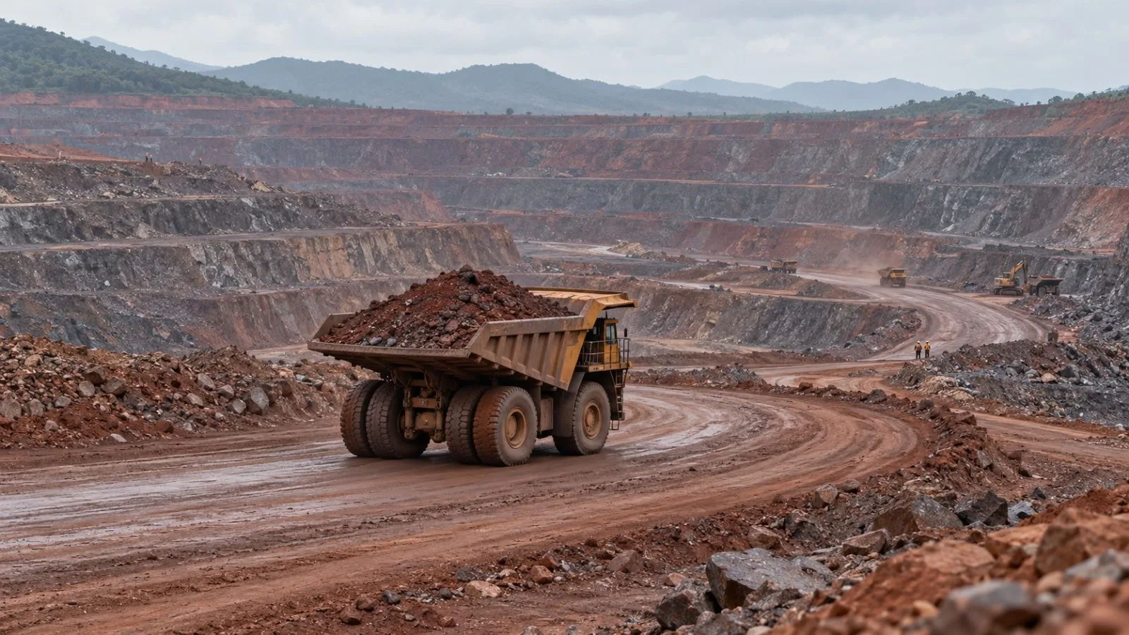 A haul truck carries iron ore across an open-pit mine near Joda, Odisha. (AI-generated image / EconoTimes)
