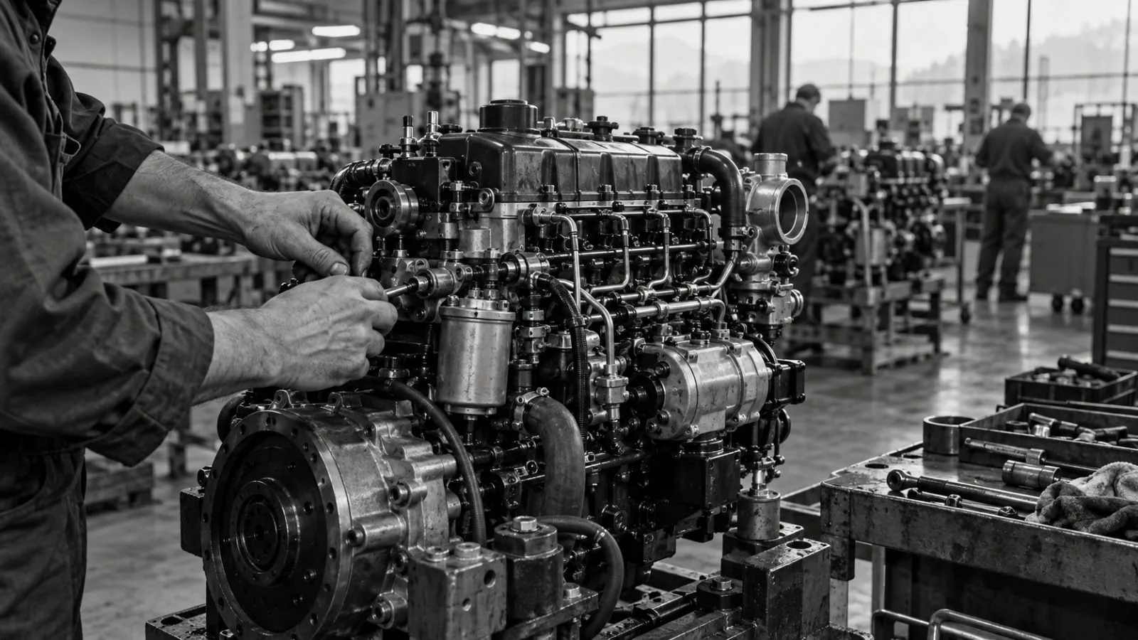 Technicians assemble a marine engine inside a factory in Steyr, Austria / EconoTimes.ai (mono)