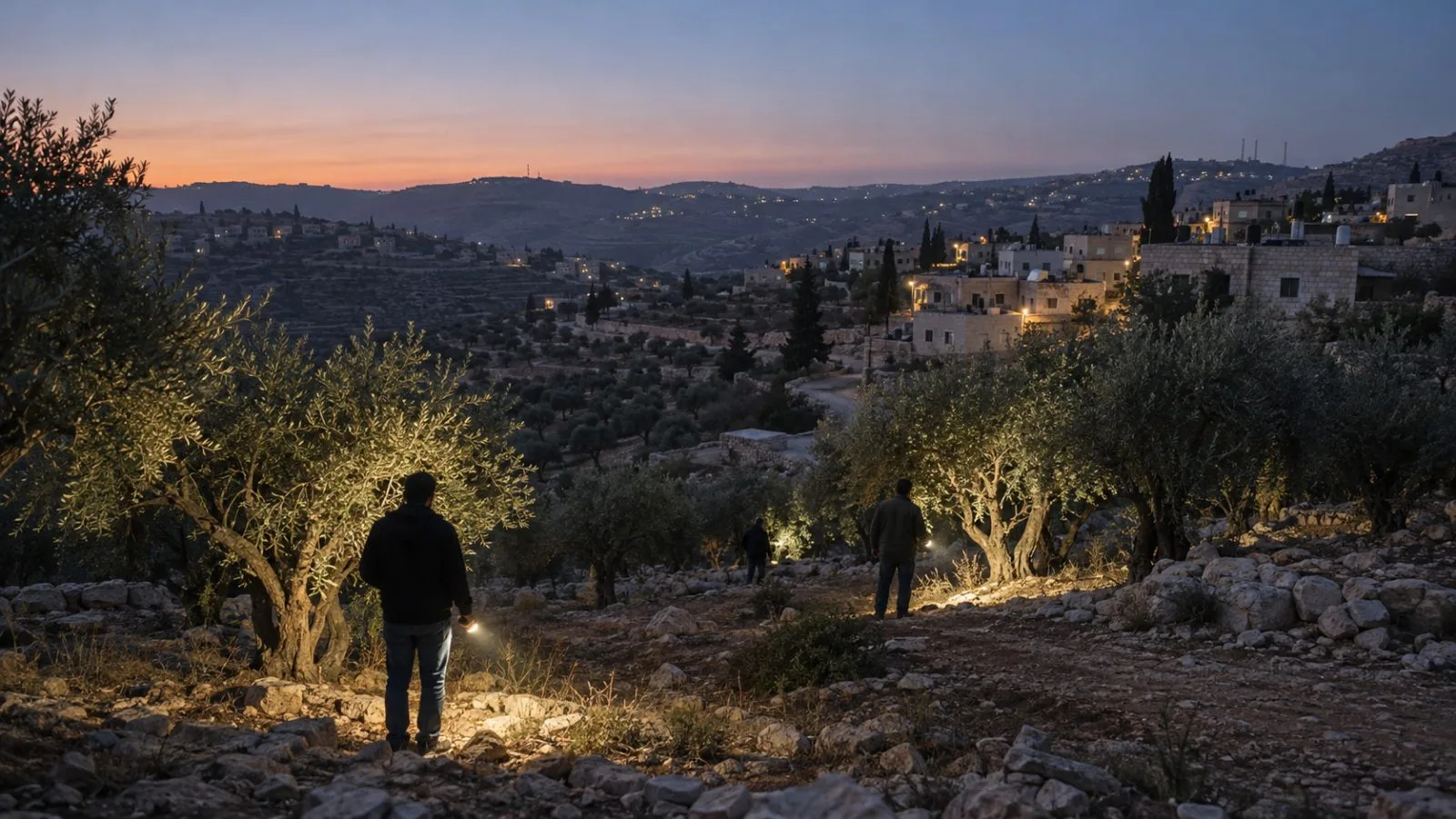 Residents keep watch with flashlights beside olive groves in Sinjil, West Bank. (AI-generated image / EconoTimes)