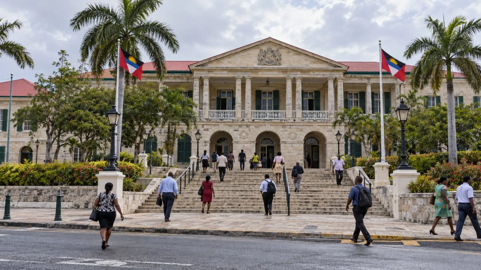 Pedestrians cross the steps outside Parliament in St John's, Antigua and Barbuda. / EconoTimes.ai