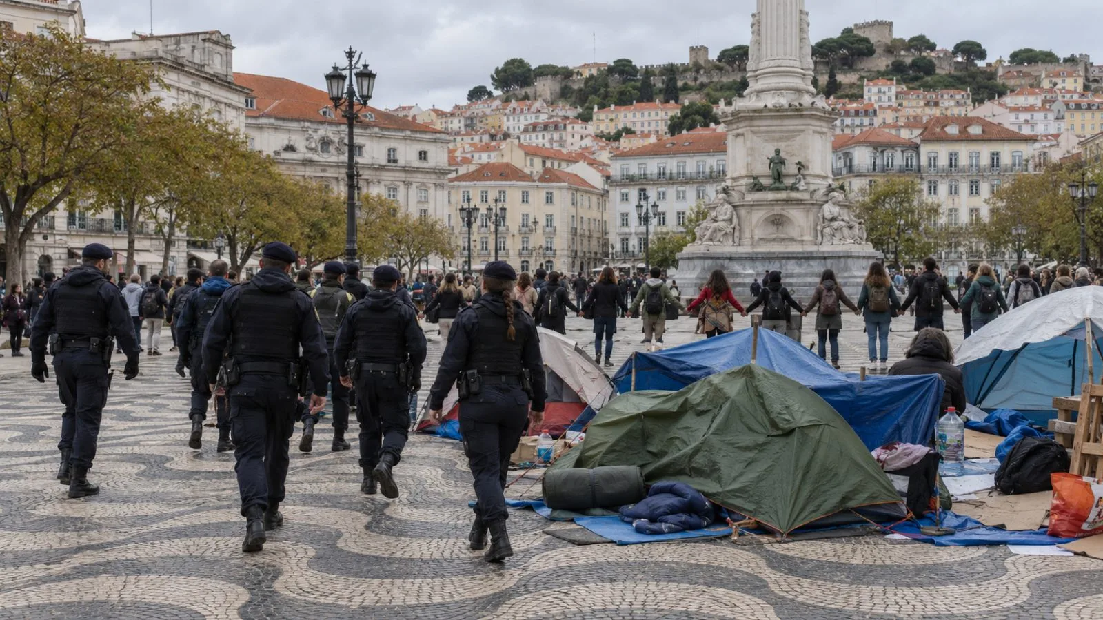 Police move past camping structures during a housing protest in a Lisbon square. (AI-generated image / EconoTimes)