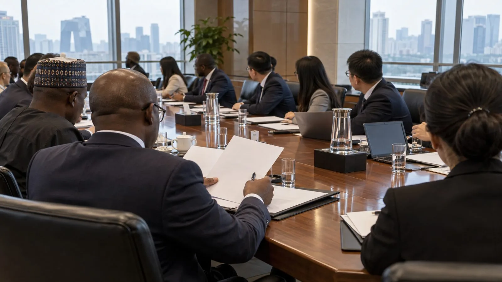 Delegates discuss cross-border payment arrangements at a finance roundtable in Beijing. (AI-generated image / EconoTimes)