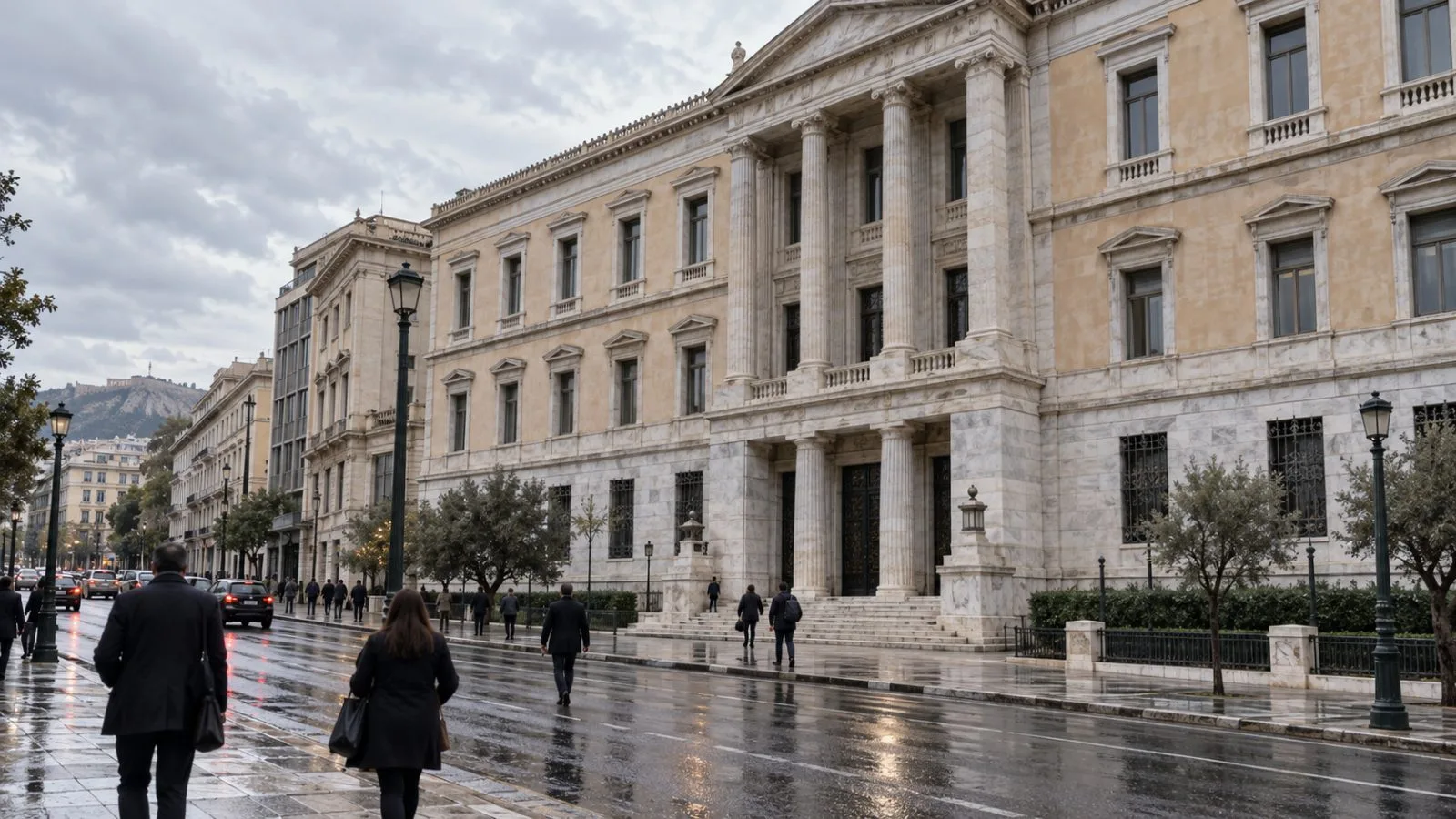 The Ministry of Economy and Finance stands on a sunlit street in Athens, Greece. (AI-generated image / EconoTimes)