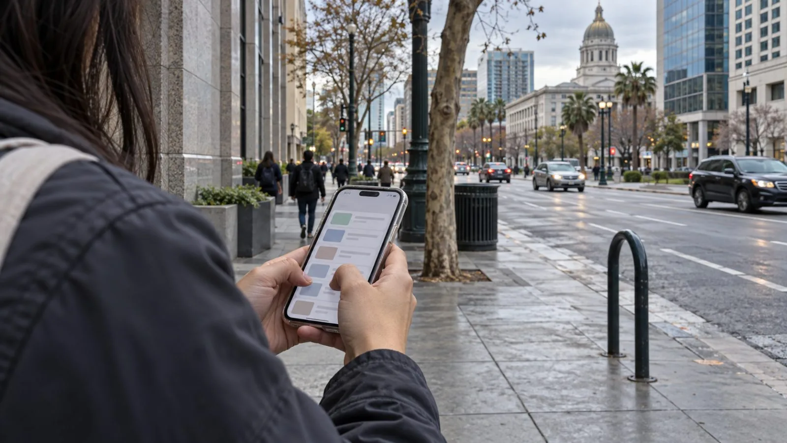 Anonymous hands check a smartphone on a downtown San Jose sidewalk in overcast afternoon light. (AI-generated image / EconoTimes)