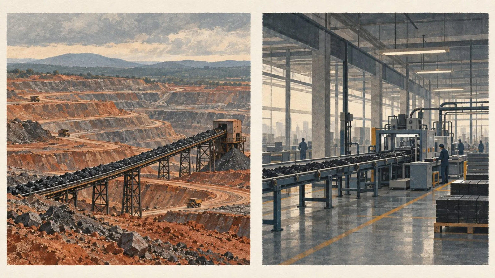 Ore travels on a conveyor at an open-pit mine near Kolwezi, Democratic Republic of Congo. (AI-generated image / EconoTimes)