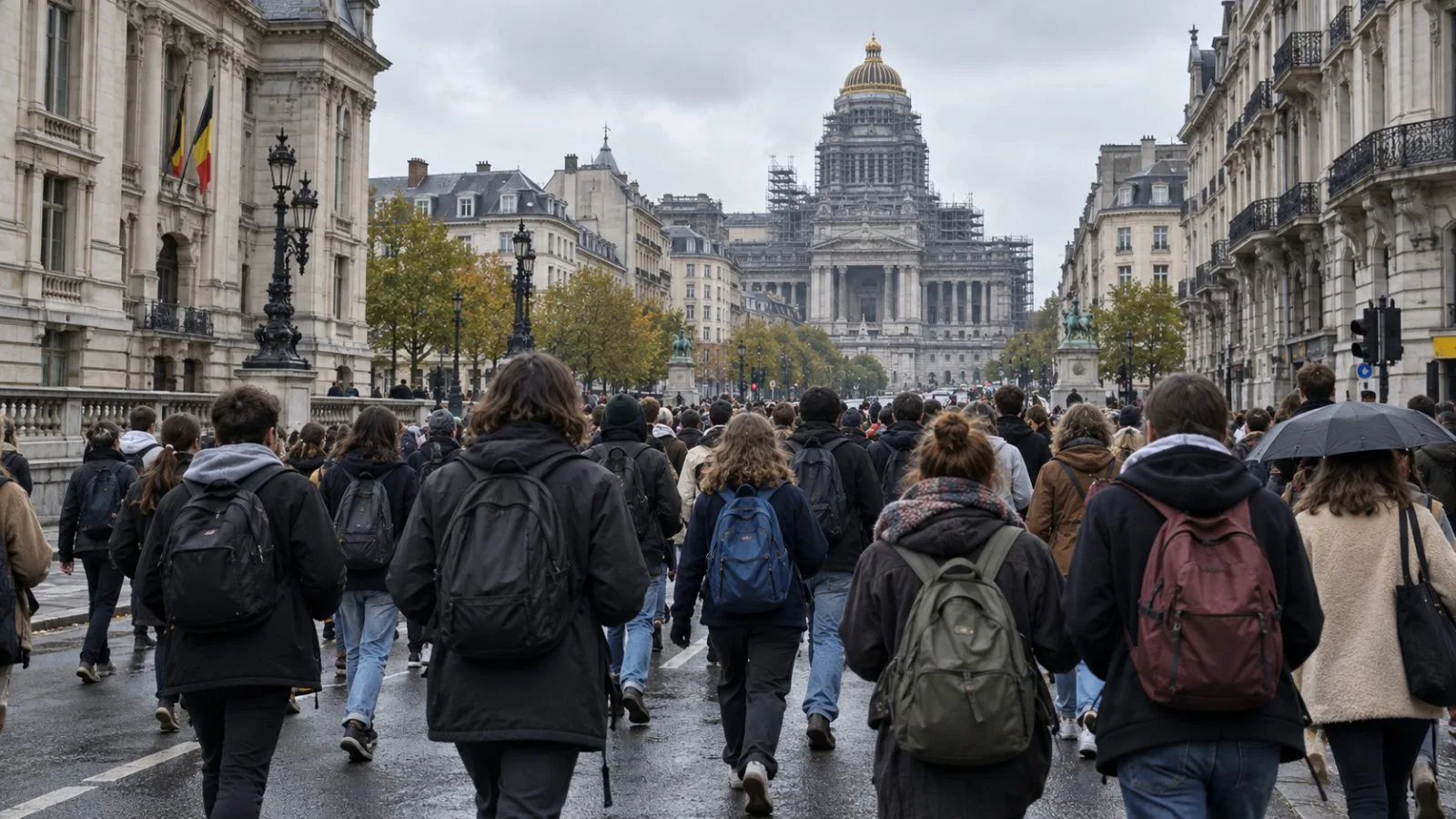 Students and teachers march through central Brussels during an anti-austerity demonstration. (AI-generated image / EconoTimes)