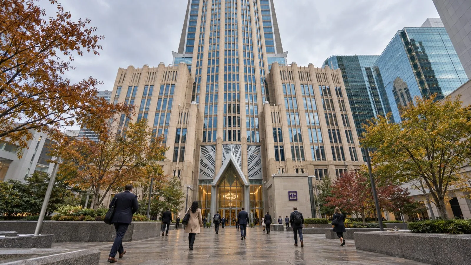 Employees enter a glass office tower along a Charlotte, North Carolina, street on an overcast morning. / EconoTimes.ai