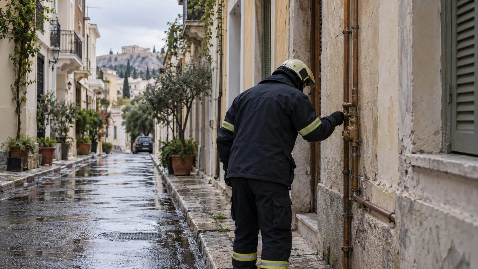 A fire brigade investigator examines exposed gas piping outside an apartment building in Plaka, Athens. (AI-generated image / EconoTimes)