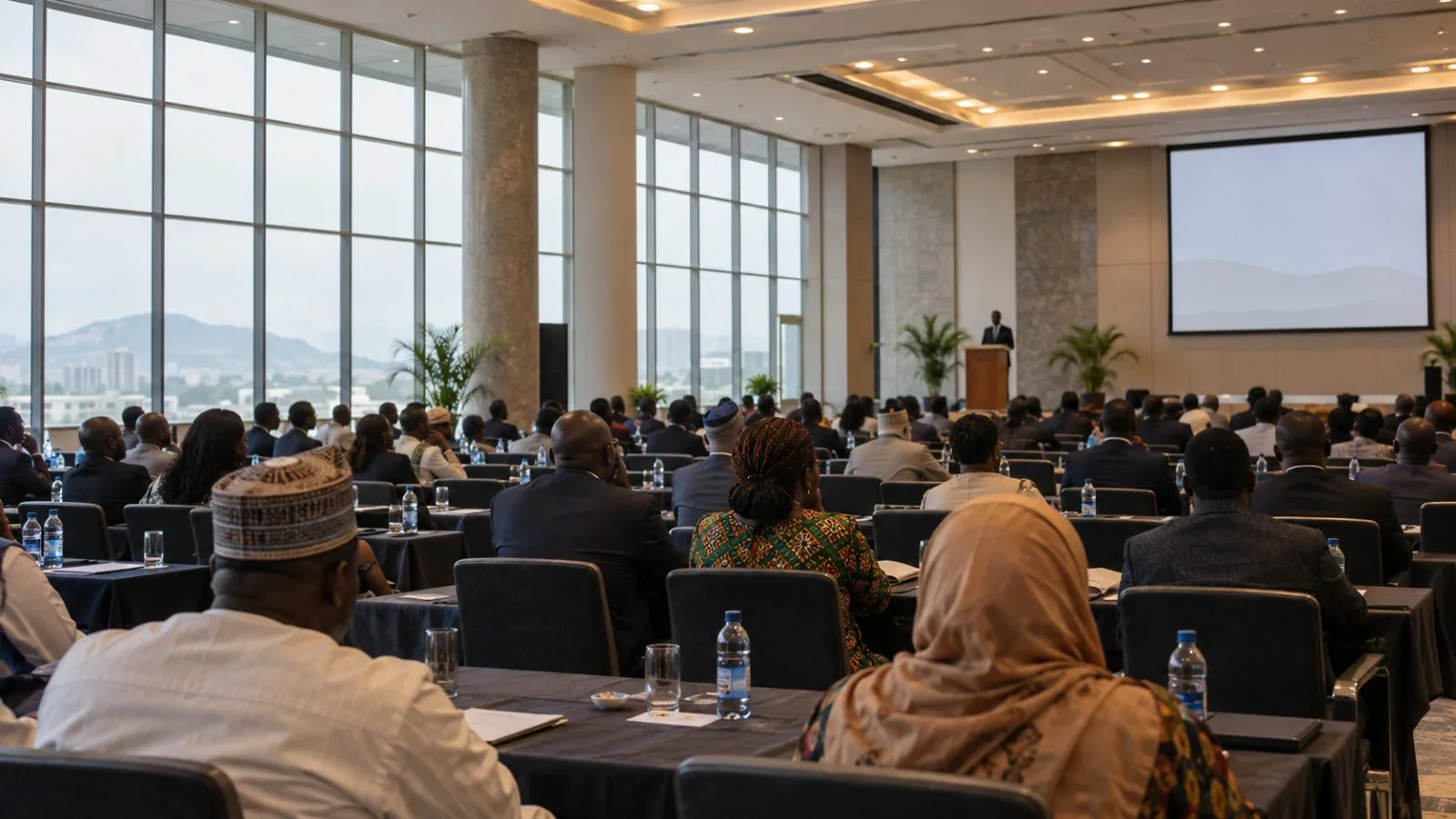 Delegates listen during a raw materials summit in Abuja, Nigeria, where officials discuss local processing. (AI-generated image / EconoTimes)