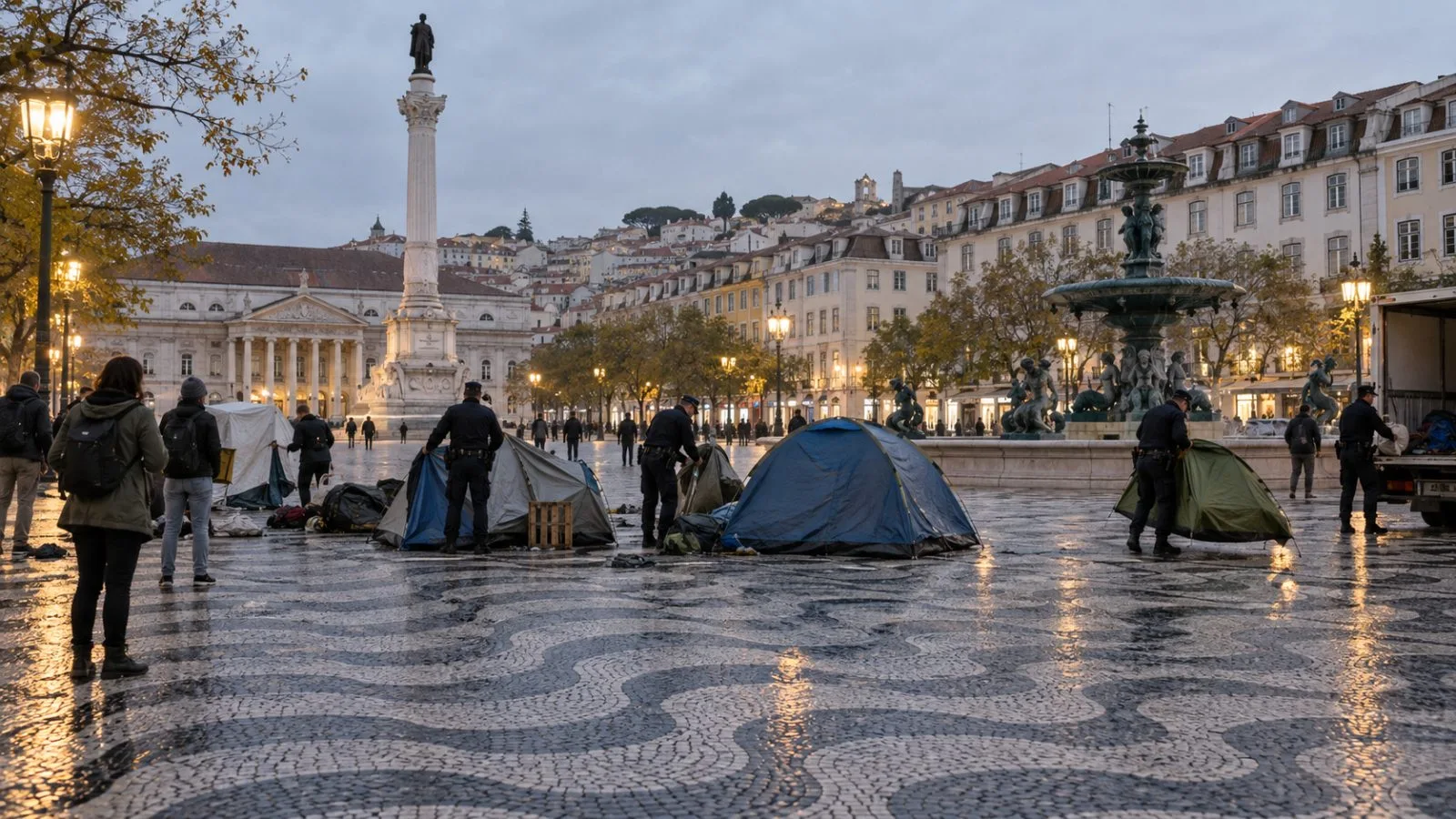 Police officers clear tents from Rossio Square in Lisbon before sunrise. (AI-generated image / EconoTimes)