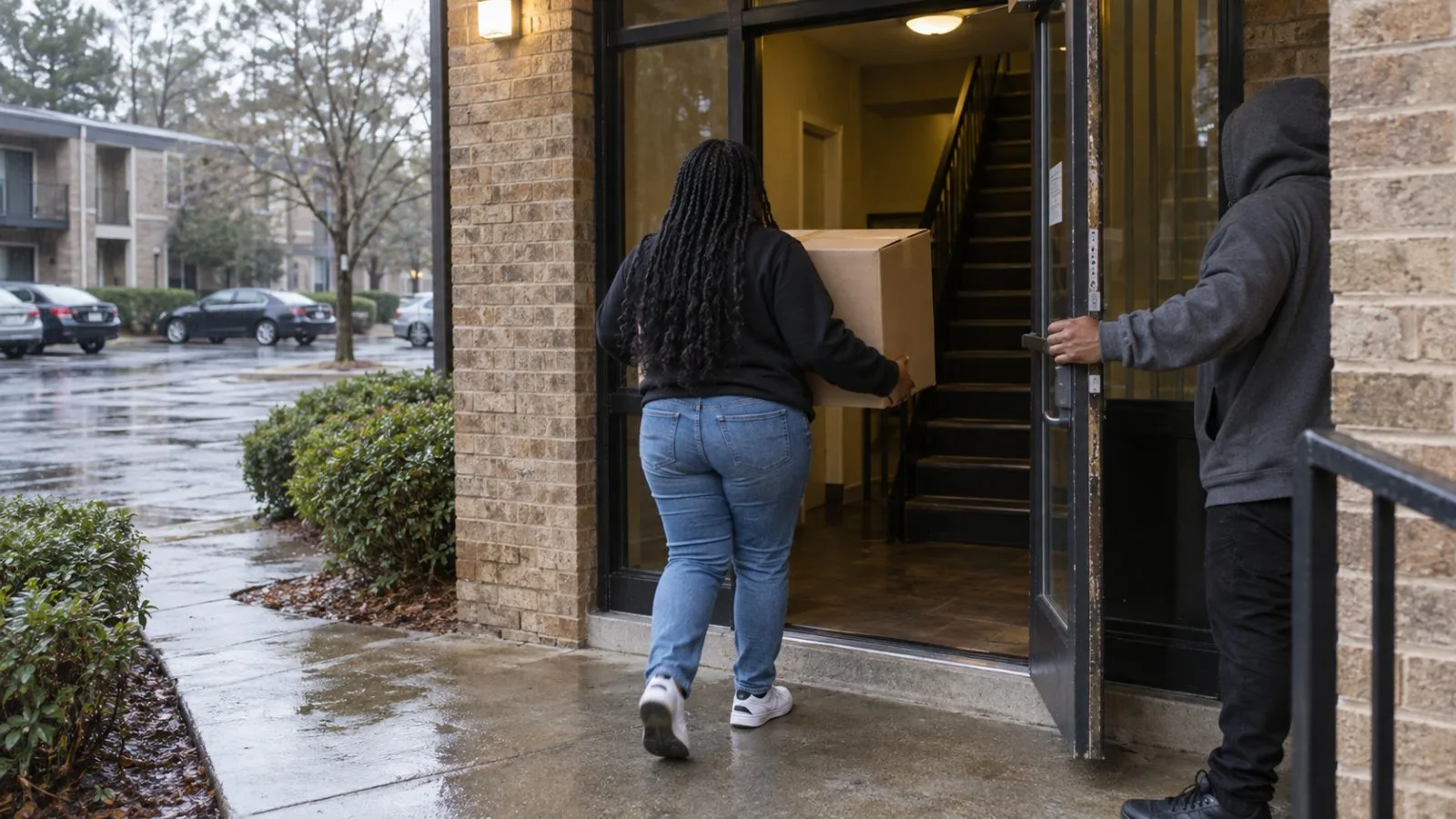 A resident carries a moving box into an apartment building in Atlanta, Georgia. (AI-generated image / EconoTimes)