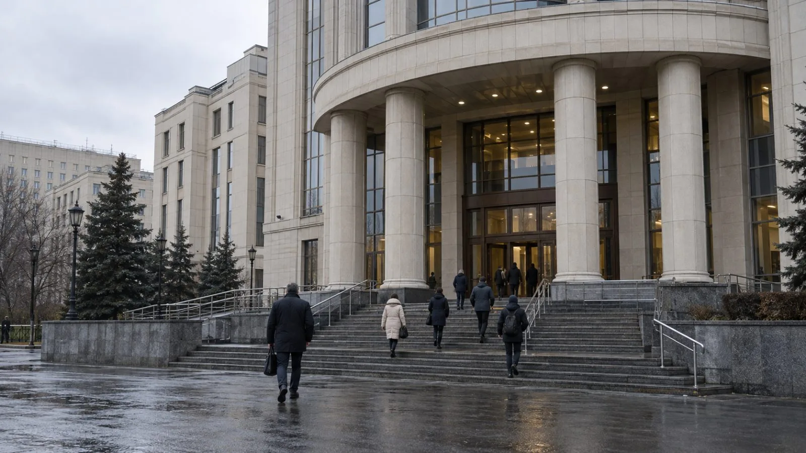 Visitors approach Moscow City Court in Moscow under an overcast sky. (AI-generated image / EconoTimes)