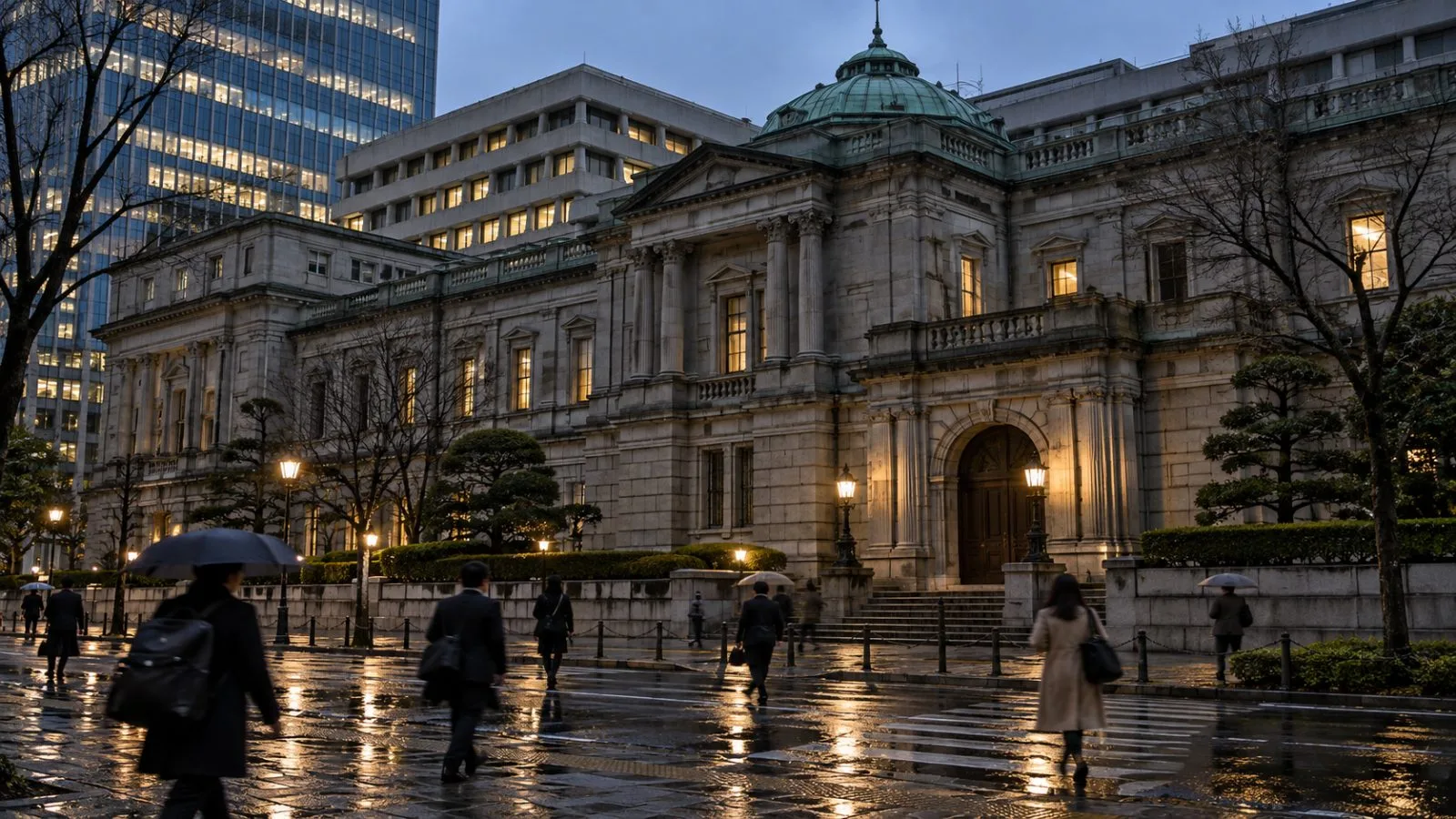 Commuters pass the Bank of Japan headquarters in Tokyo’s Nihonbashi district at night. (AI-generated image / EconoTimes)