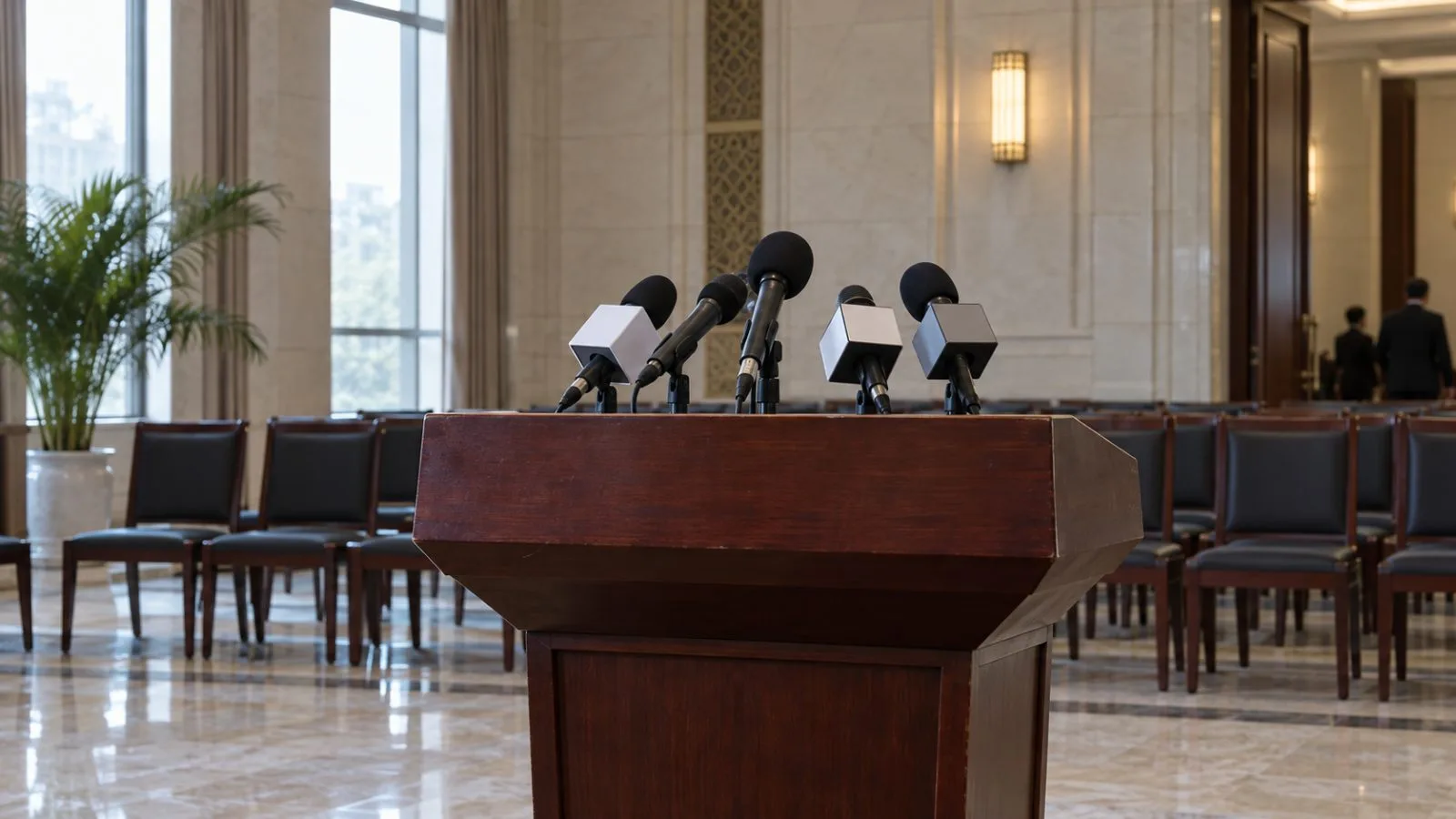 Microphones stand at a briefing lectern at China’s Foreign Ministry in Beijing (AI-generated image / EconoTimes)