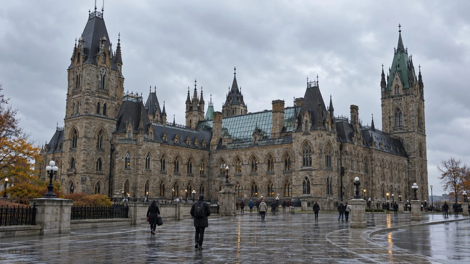 Pedestrians cross the damp forecourt outside Parliament Hill’s West Block in Ottawa. (AI-generated image / EconoTimes)
