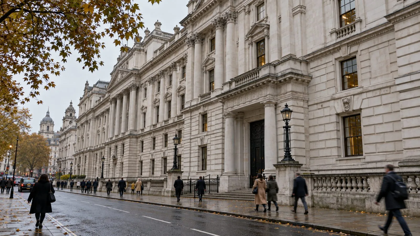 Pedestrians pass HM Treasury in London on an overcast autumn morning. (AI-generated image / EconoTimes)