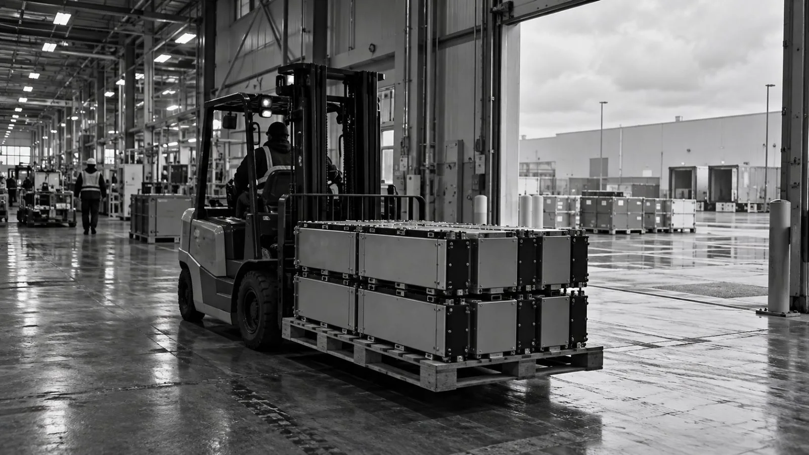 A forklift carries battery modules past a loading bay at the StarPlus Energy plant in Kokomo, Indiana. (AI-generated image / EconoTimes)
