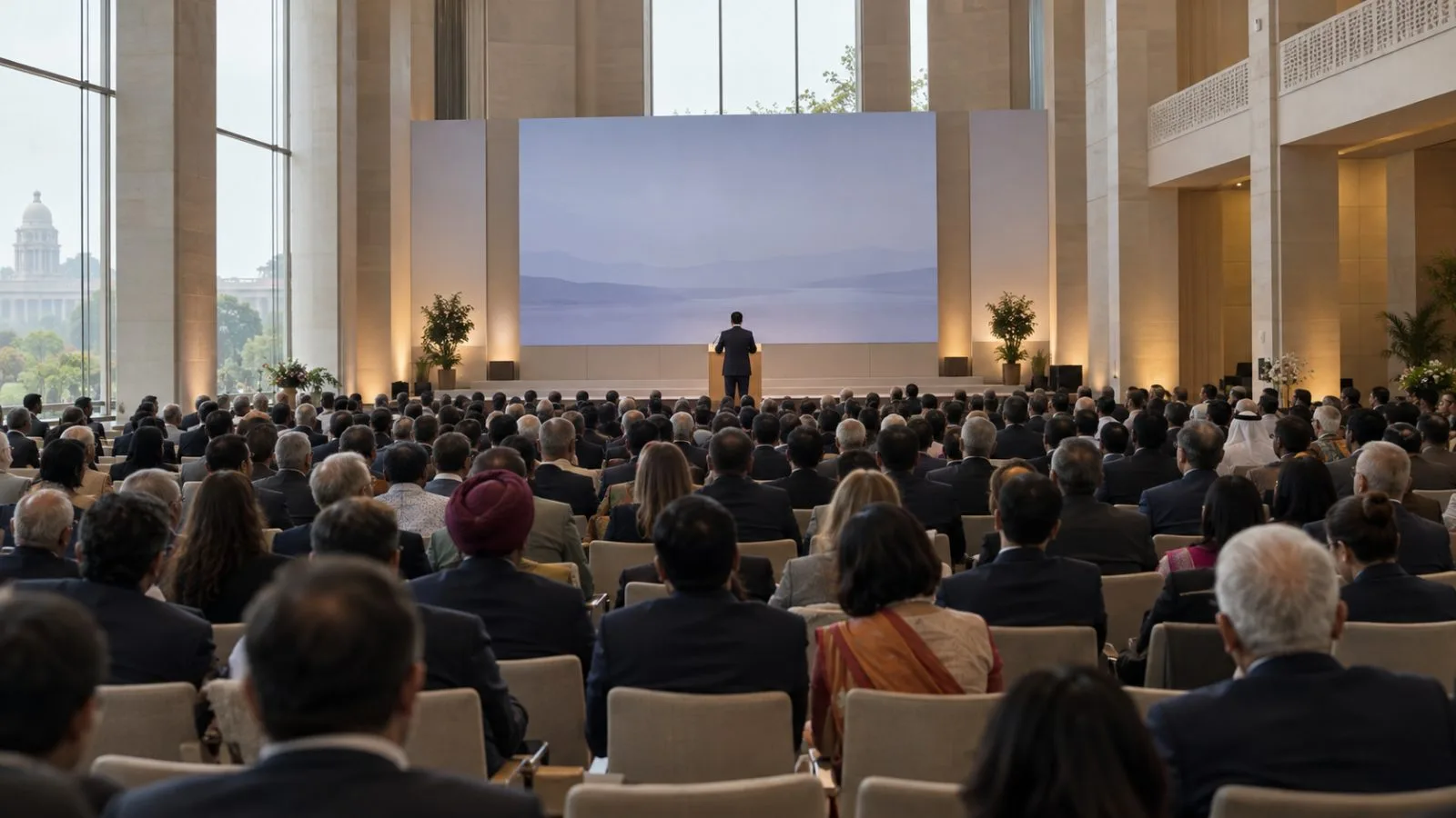 Delegates watch a keynote at the NDTV World Summit in New Delhi, India (AI-generated image / EconoTimes)