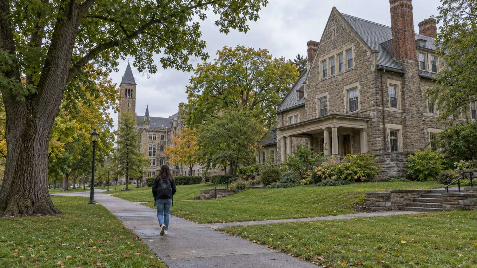 A passerby walks along a campus path in Ithaca, New York. (AI-generated image / EconoTimes)