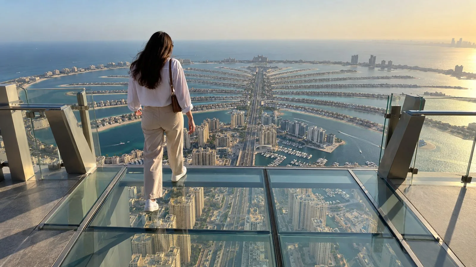 A visitor steps onto a glass ledge above Palm Jumeirah at The View in Dubai (AI-generated image / EconoTimes)
