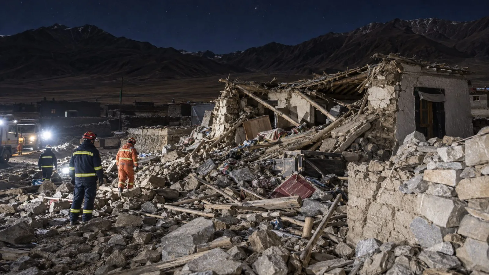 Rescue workers inspect a collapsed home in Maru Township, Baqing County, Tibet Autonomous Region, China. (AI-generated image / EconoTimes)