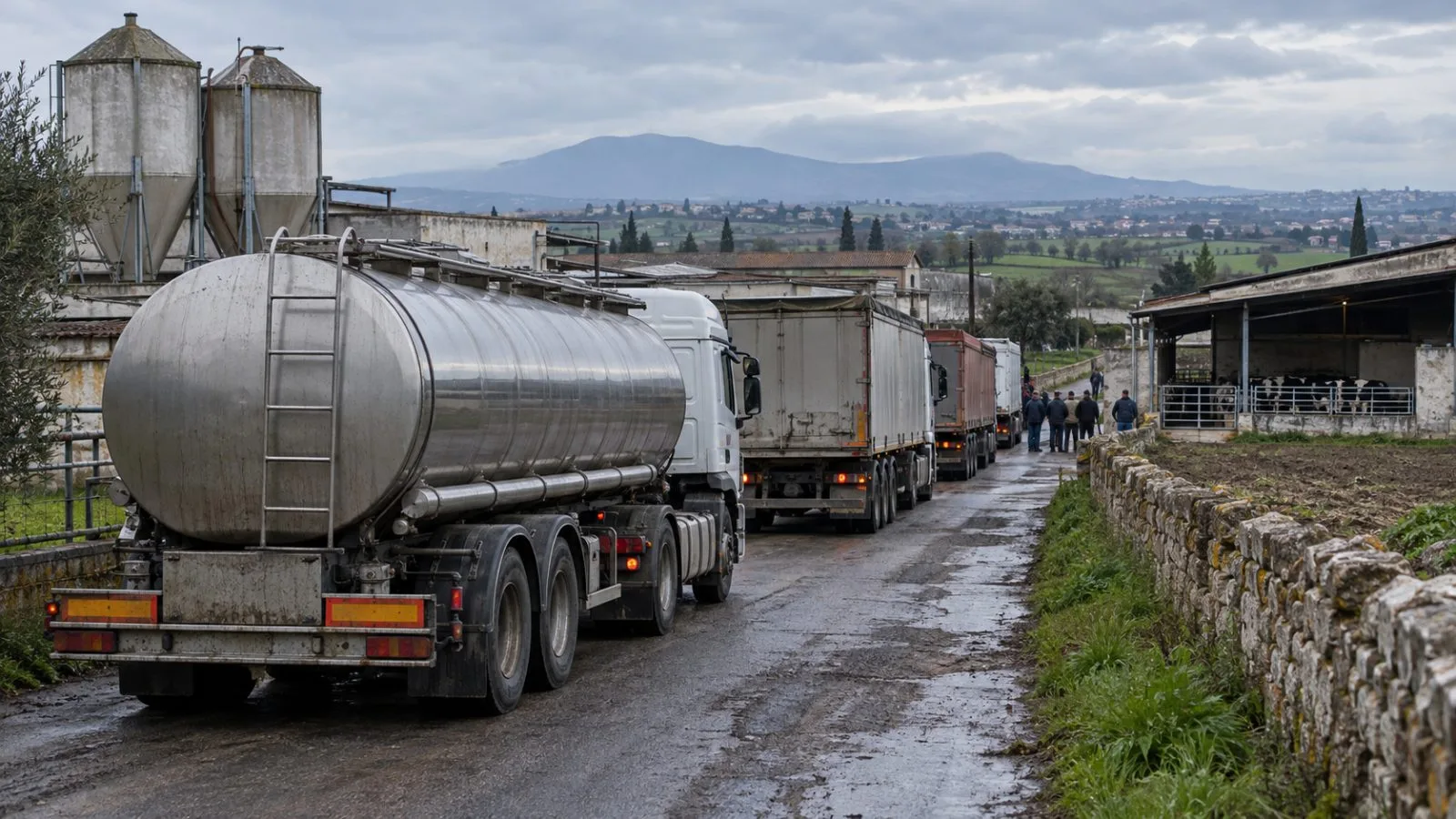 A milk tanker waits behind freight trucks near a dairy in Caserta, Italy. (AI-generated image / EconoTimes)