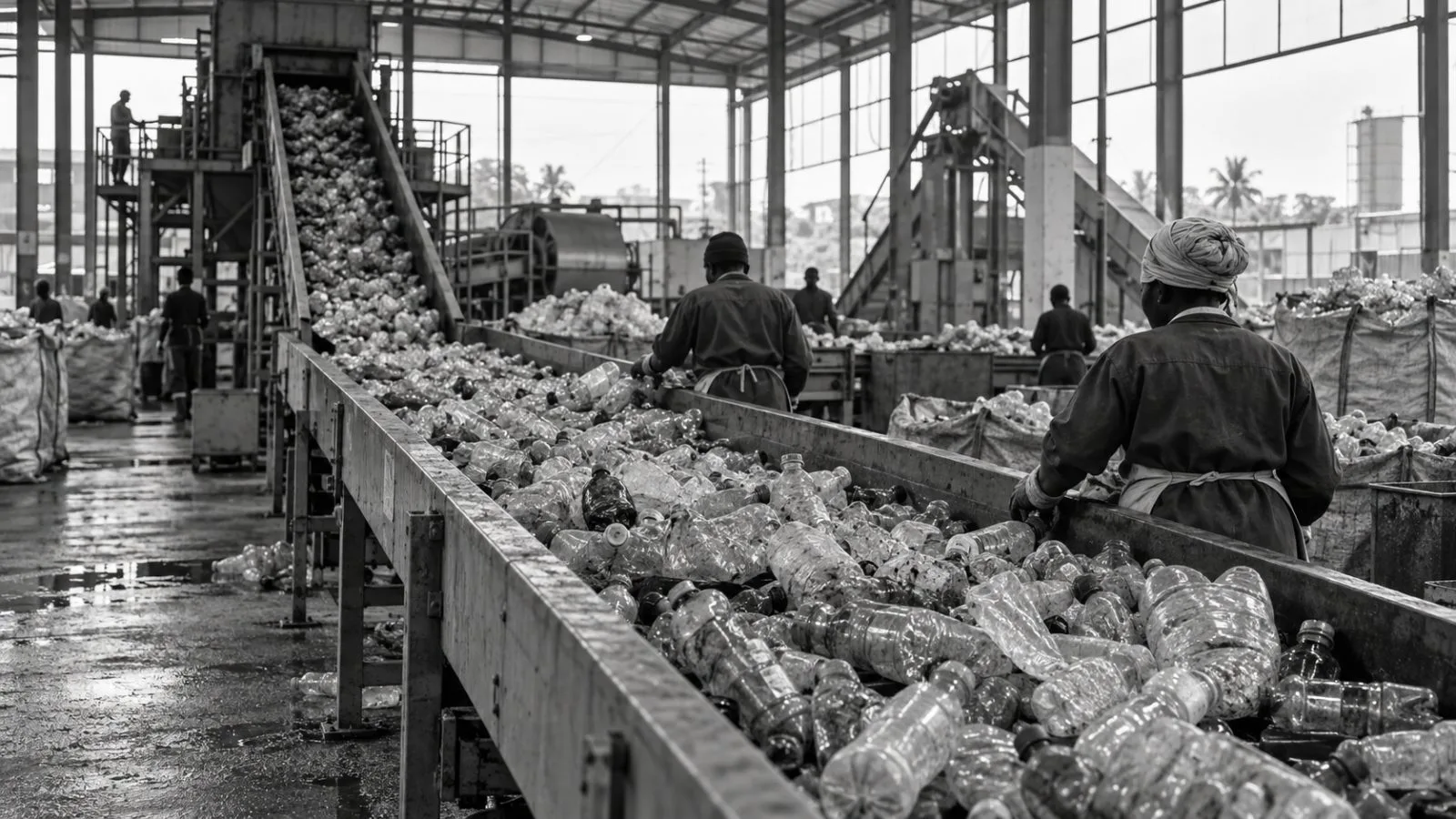 Used PET bottles move along a recycling line at a plant in Mowe, Nigeria (AI-generated image / EconoTimes)