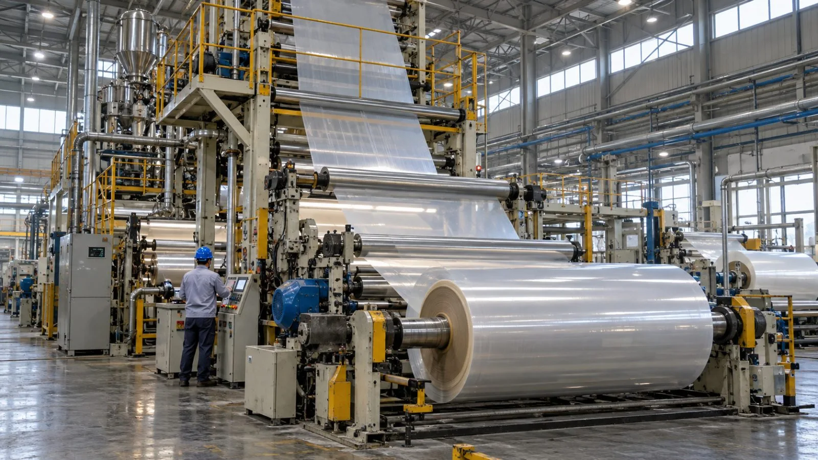 A polyester film roll moves through a production line at Garware's Waluj plant in Maharashtra. (AI-generated image / EconoTimes)