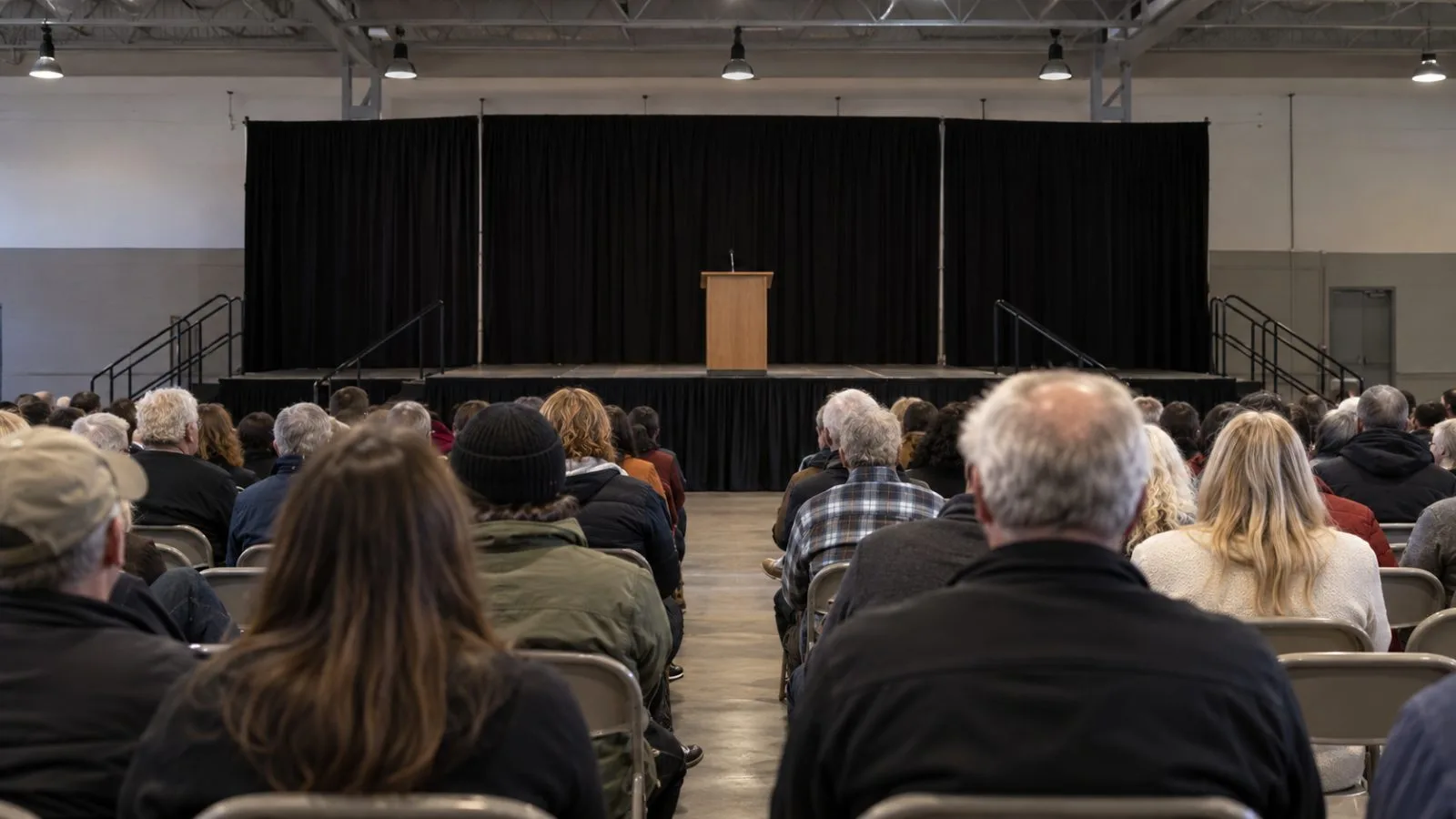 Rally attendees face a stage inside a venue in Corinth, Mississippi. (AI-generated image / EconoTimes)