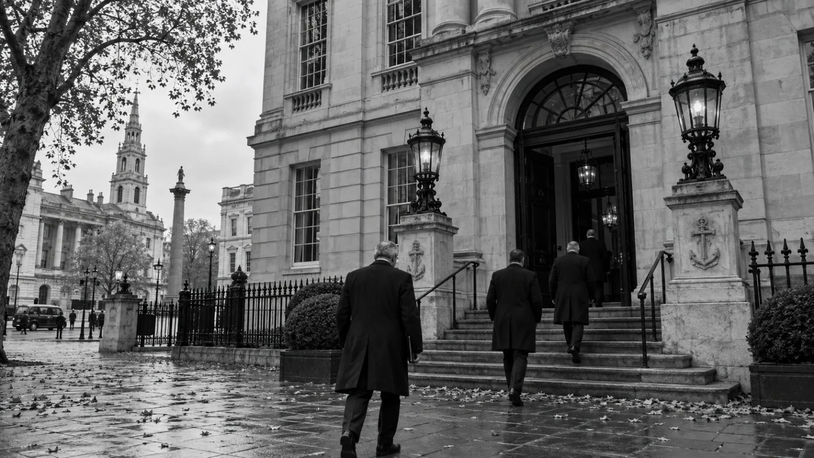 Officials arrive at Trinity House in London for regional defense talks. (AI-generated image / EconoTimes)