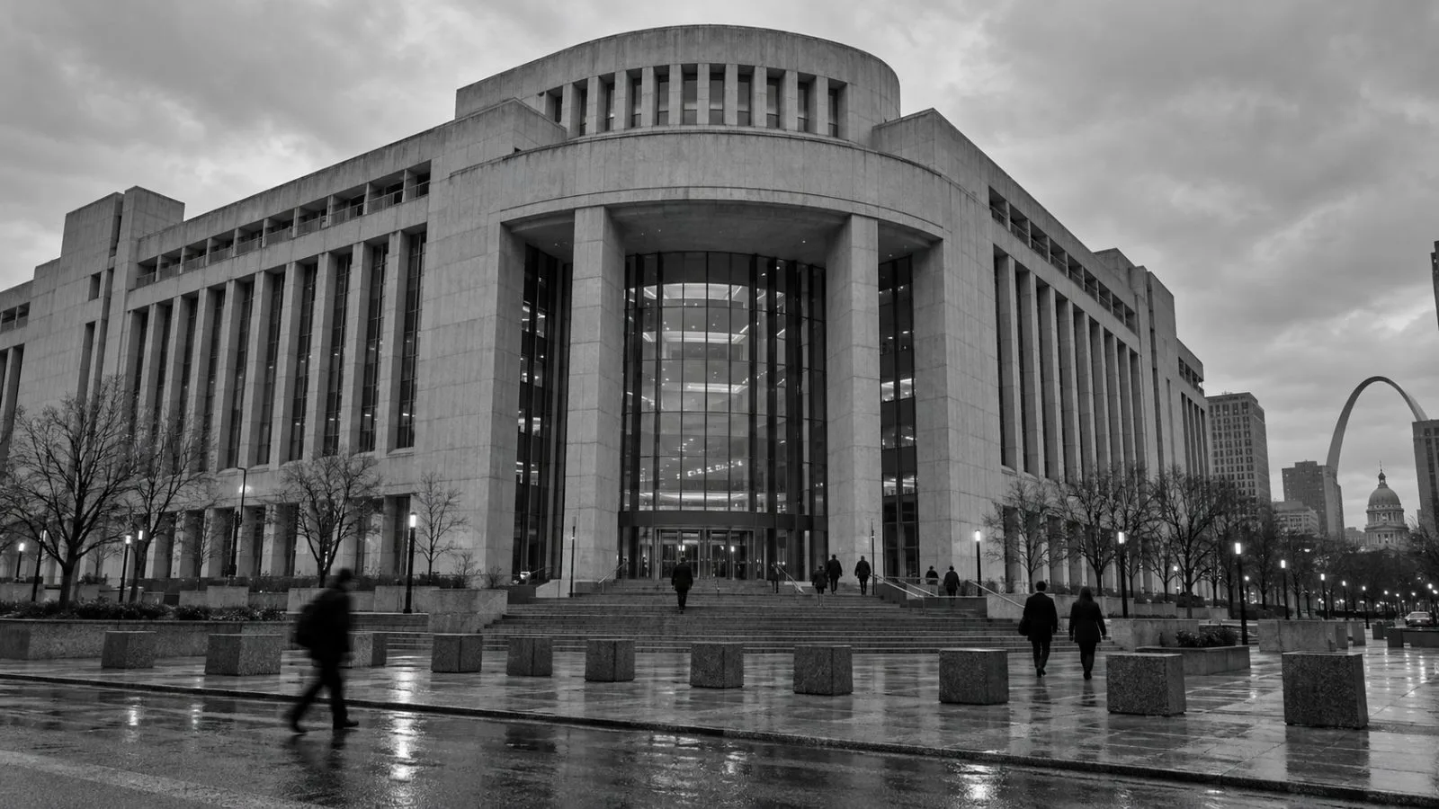 Pedestrians pass the federal courthouse entrance in St. Louis, Missouri. (AI-generated image / EconoTimes)