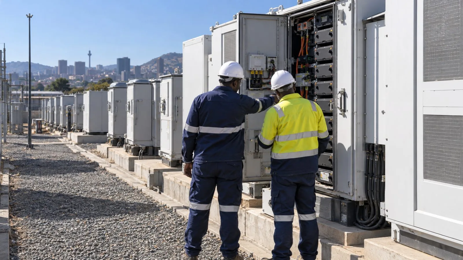 Technicians inspect battery storage modules in an industrial service bay in Johannesburg, South Africa. / EconoTimes.ai