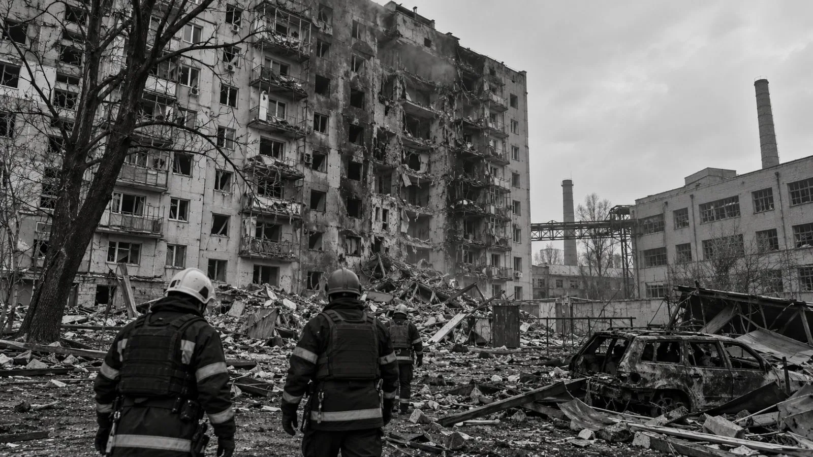Emergency workers inspect fire-damaged buildings in Kharkiv’s Osnovianskyi district, Ukraine (AI-generated image / EconoTimes)