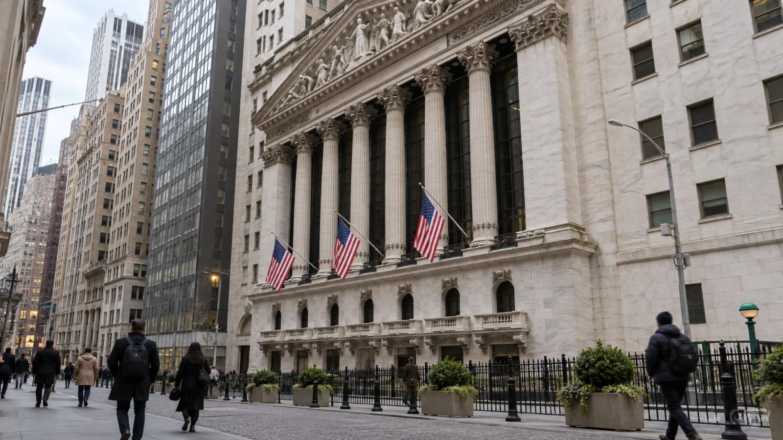 Pedestrians pass the stone facade of the New York Stock Exchange in Lower Manhattan. (AI-generated image / EconoTimes)