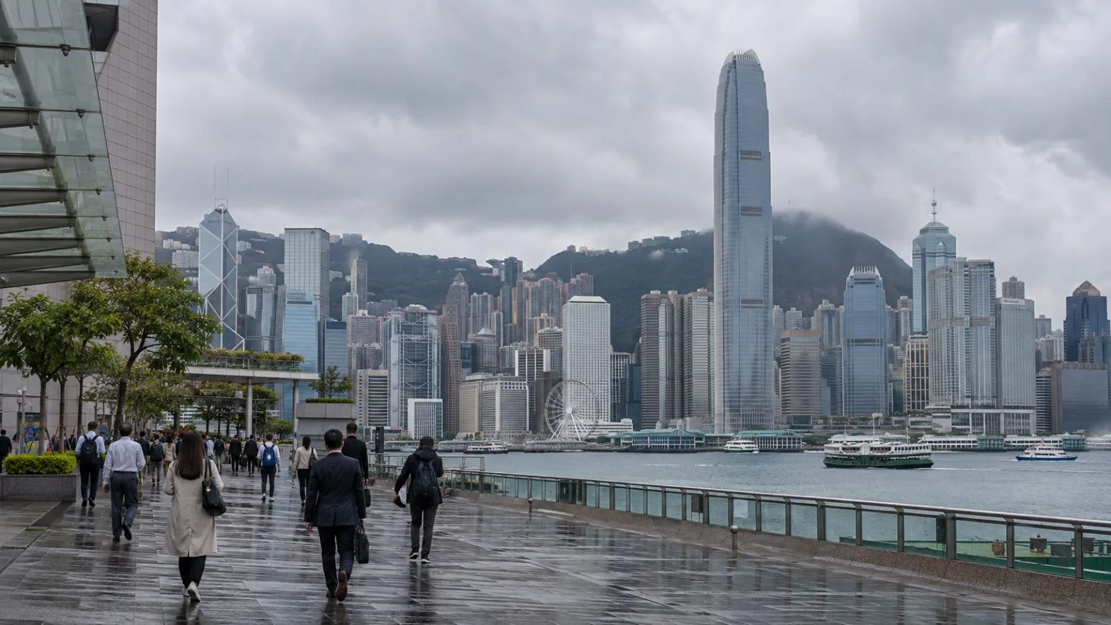 Pedestrians pass Two International Finance Centre in Hong Kong on an overcast morning. (AI-generated image / EconoTimes)