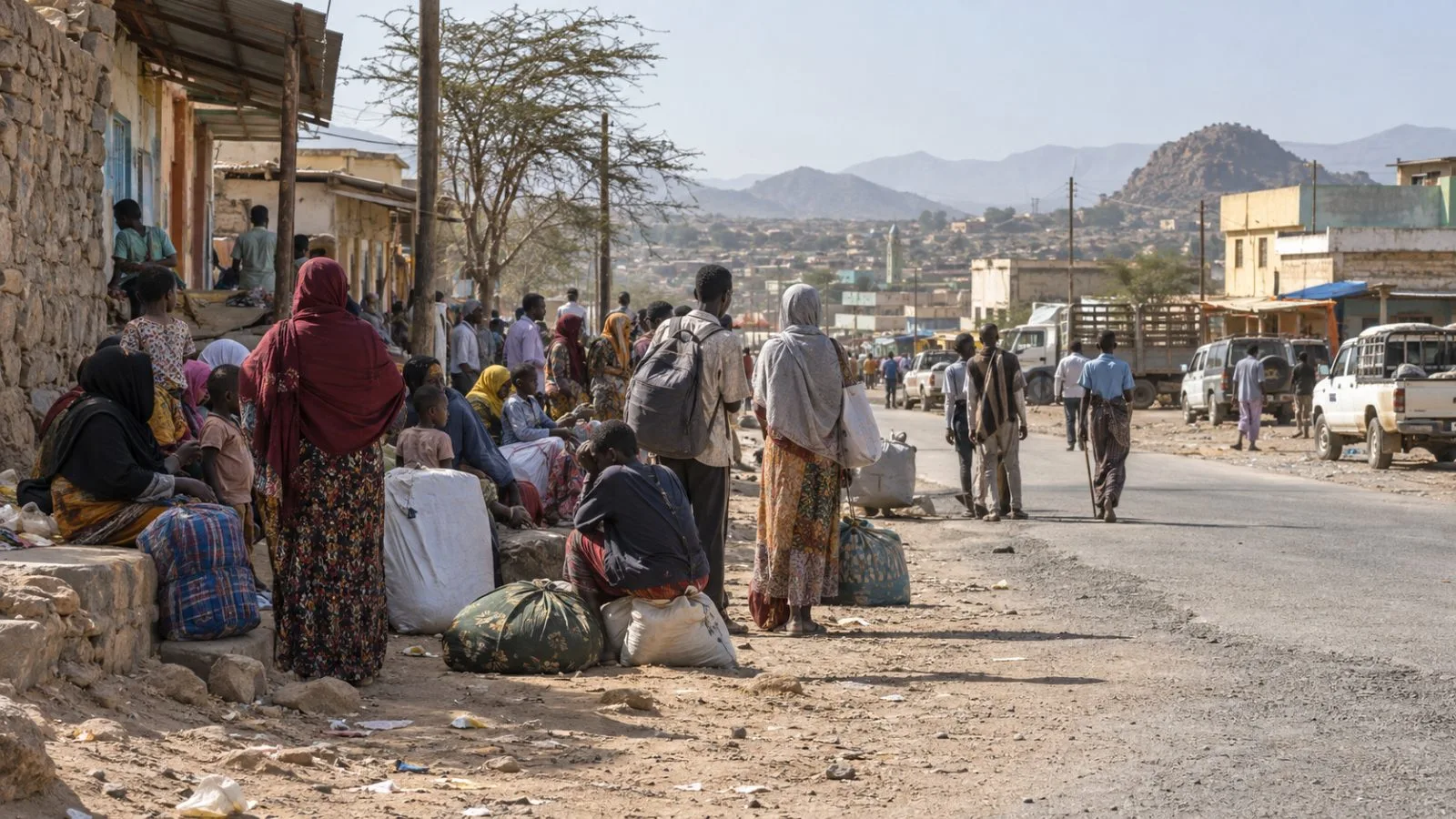 Displaced families wait with their belongings near the Kenya-Ethiopia border in Moyale, Kenya. (AI-generated image / EconoTimes)
