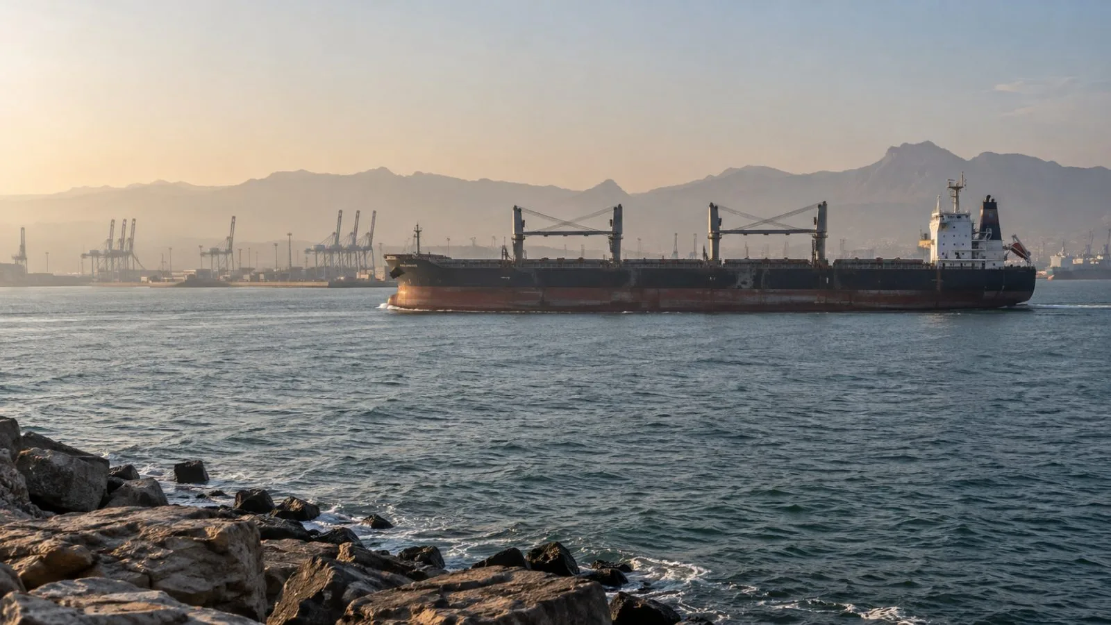 A bulk carrier crosses the Strait of Hormuz near Bandar Abbas, Iran. (AI-generated image / EconoTimes)