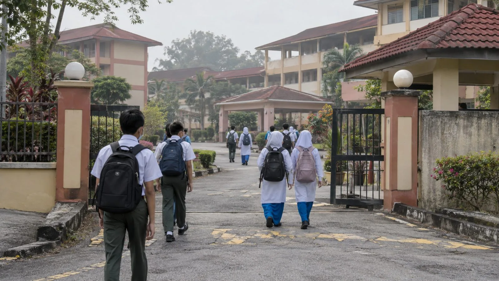 Students wearing face masks arrive at a school in Shah Alam, Selangor, Malaysia. (AI-generated image / EconoTimes)
