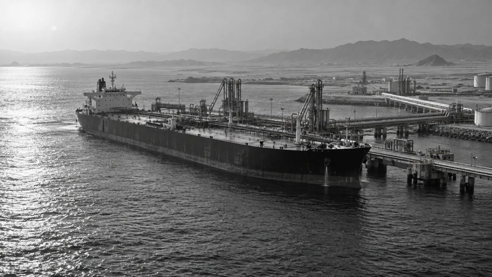 An oil tanker sits beside crude loading berths at Yanbu, Saudi Arabia. (AI-generated image / EconoTimes)