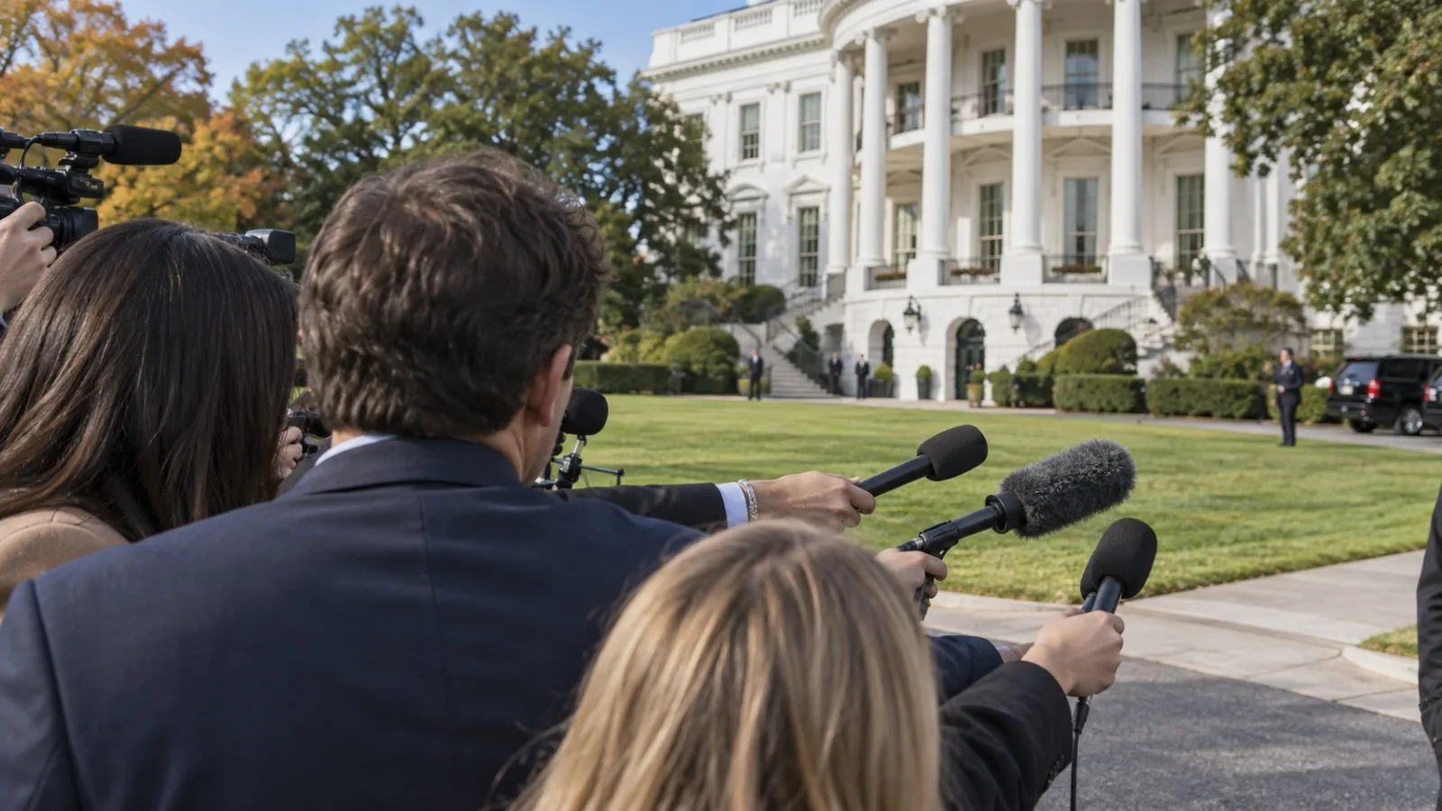 Reporters hold microphones on the White House South Lawn in Washington. (AI-generated image / EconoTimes)