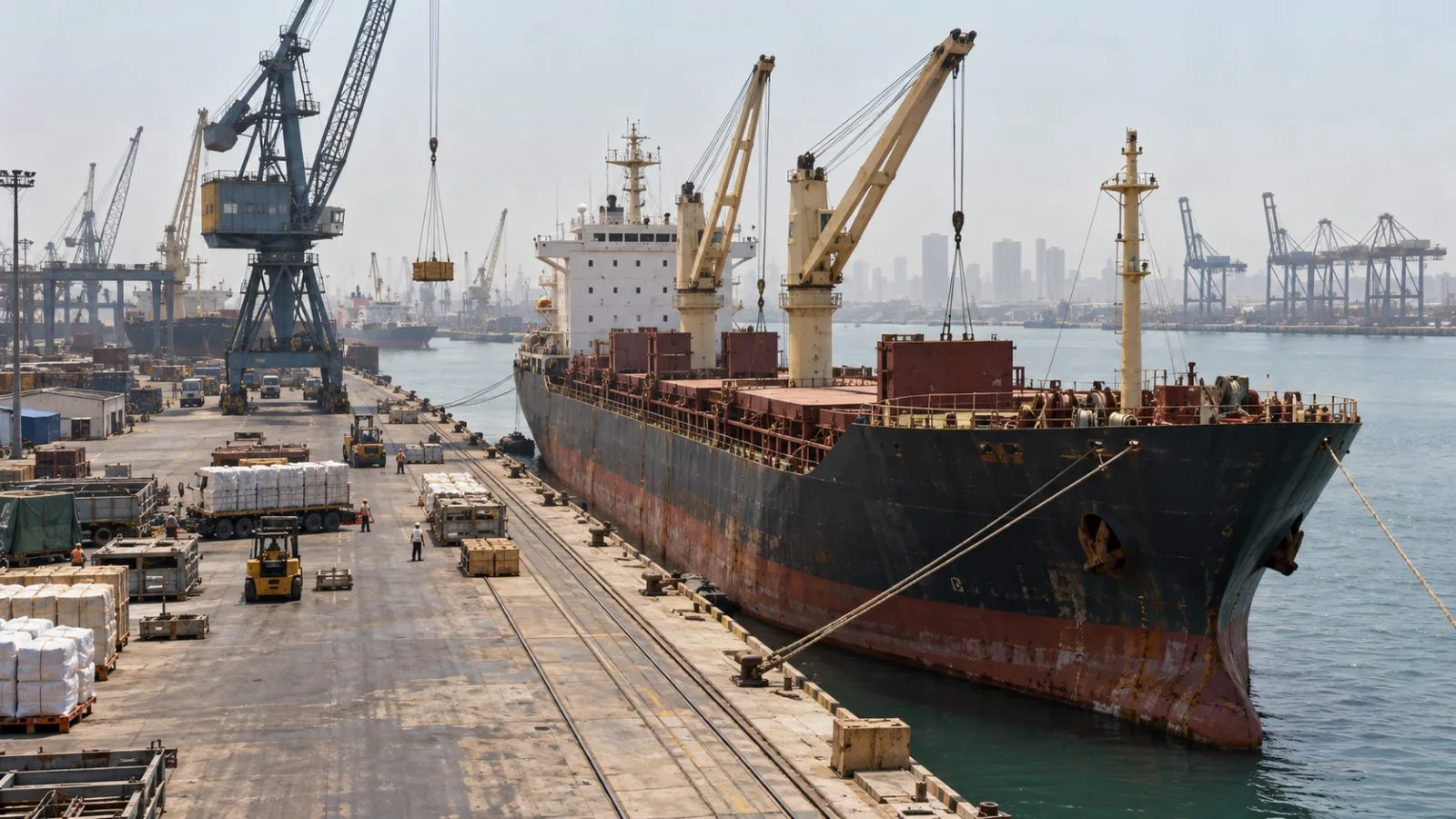 A general cargo vessel sits alongside a quay at Karachi Port, Pakistan (AI-generated image / EconoTimes)