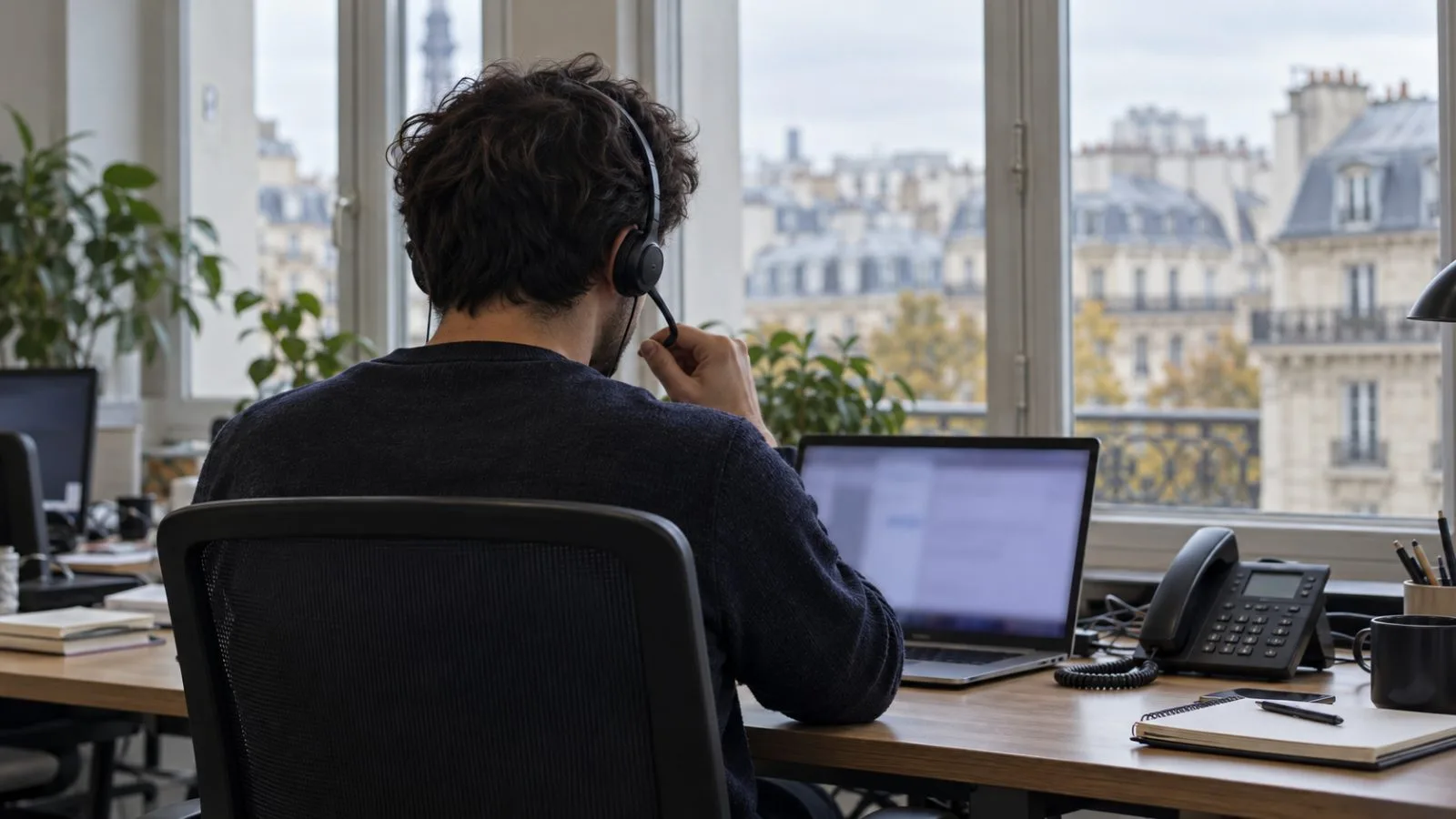 A worker uses a headset beside a telephone at Mistral AI's Paris office. (AI-generated image / EconoTimes)