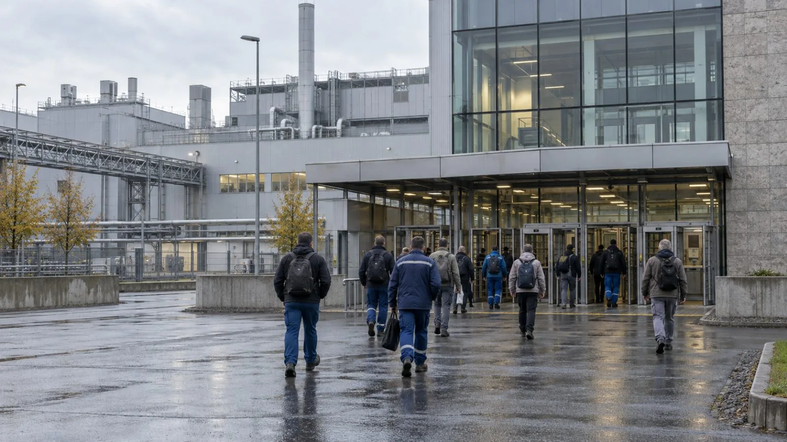 Workers enter an automotive components factory in Stuttgart, Germany, on an overcast morning. (AI-generated image / EconoTimes)