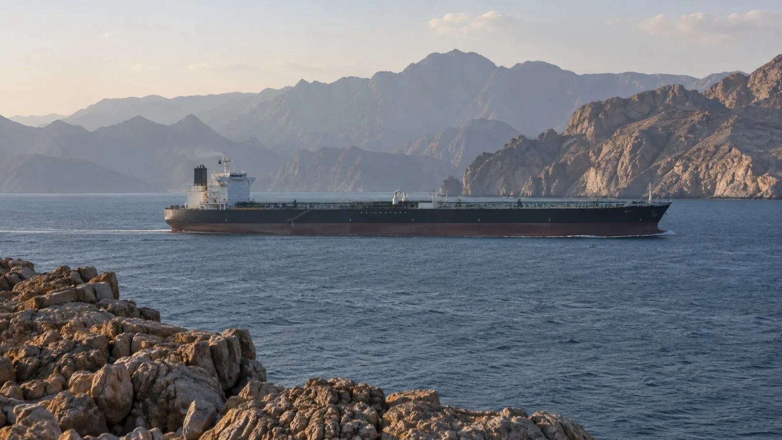 An oil tanker crosses the Strait of Hormuz off Khasab, Oman. (AI-generated image / EconoTimes)
