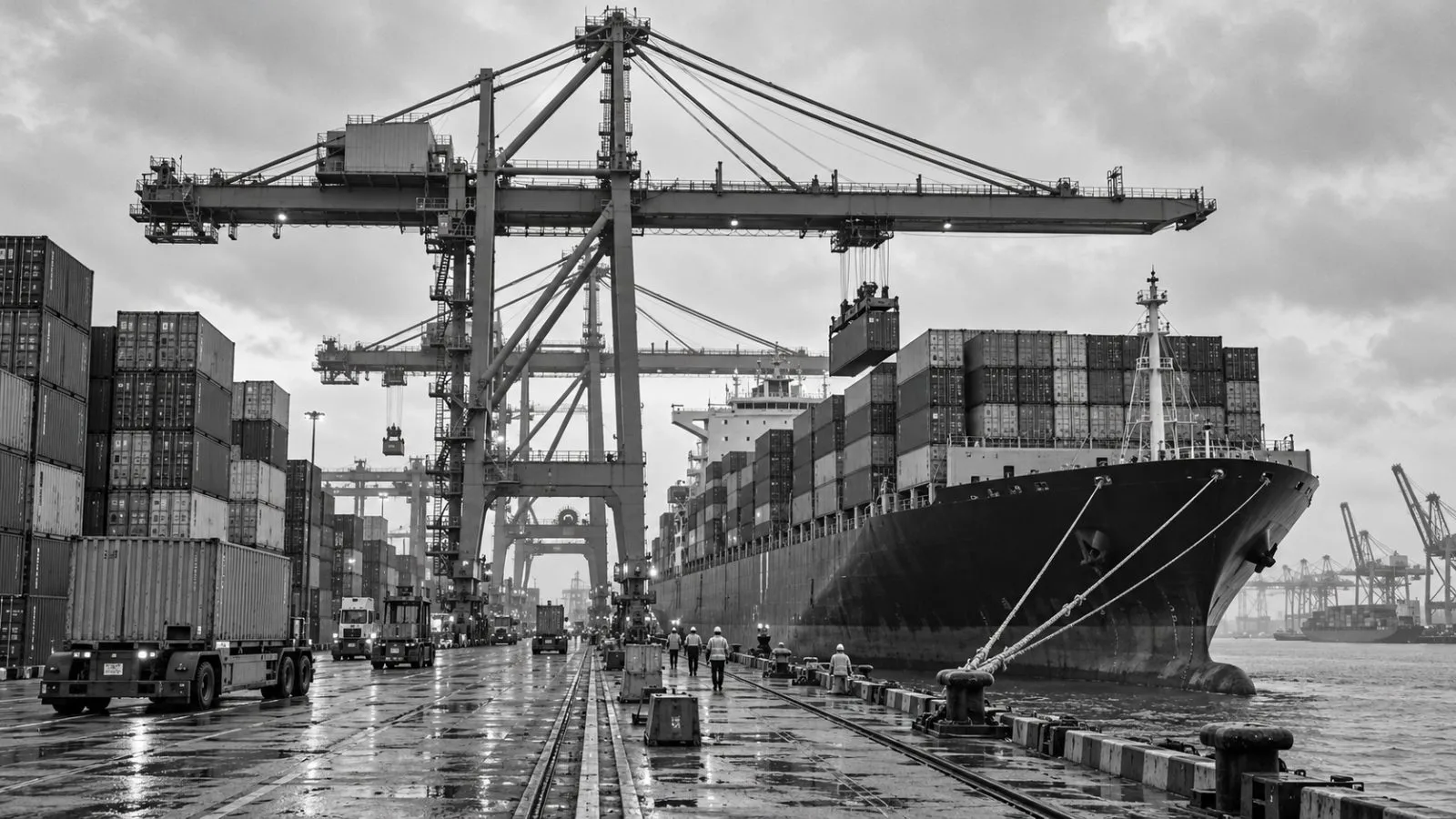 Container cranes work beside a cargo vessel at the Port of Rotterdam, Netherlands. / EconoTimes.ai
